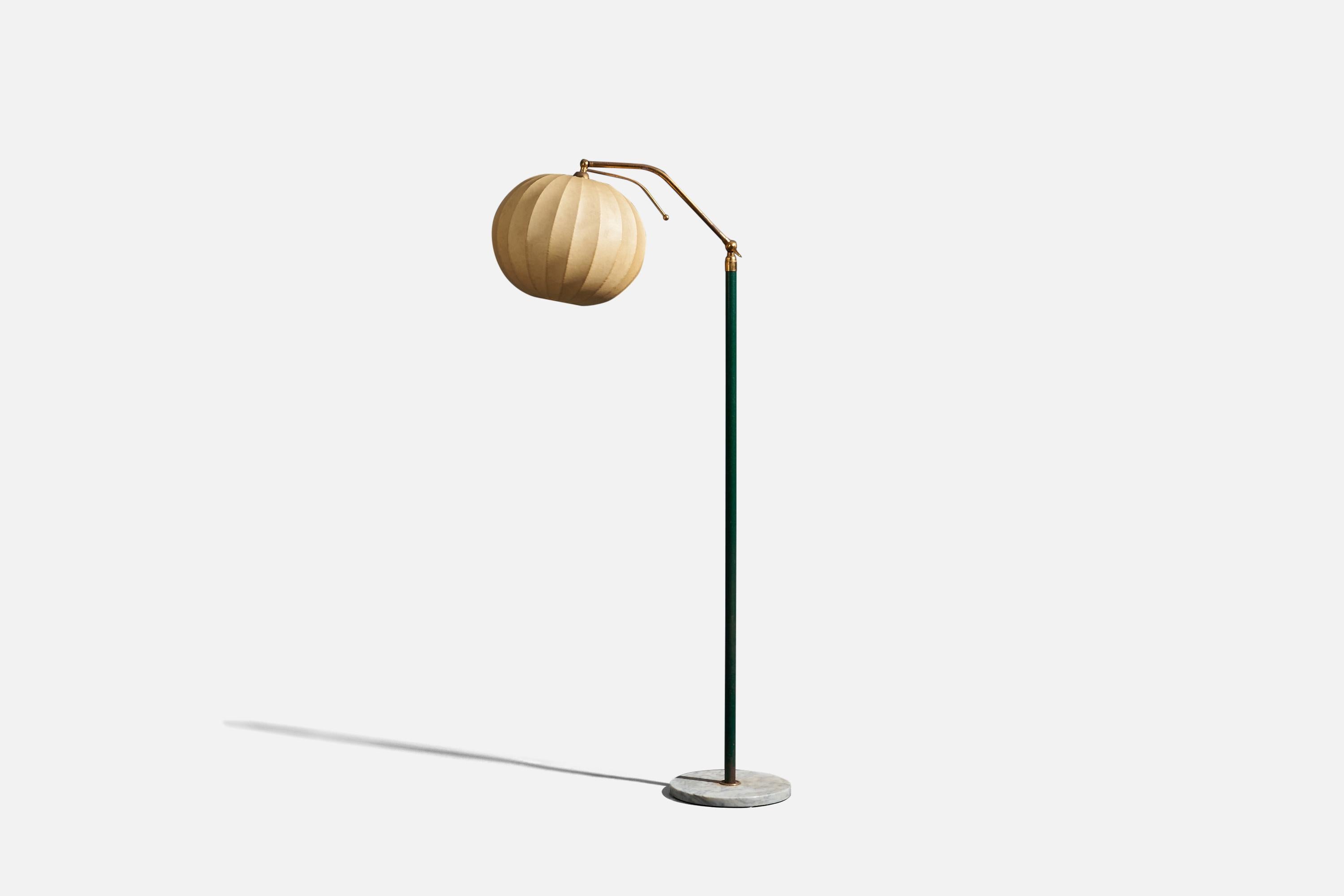 A brass, vinyl, marble and resin floor lamp designed and produced in Italy, 1950s.

Dimensions variable, measured as illustrated in first image.

Sold with Lampshade. Dimensions stated are of Floor Lamp with Lampshade.

Socket takes standard