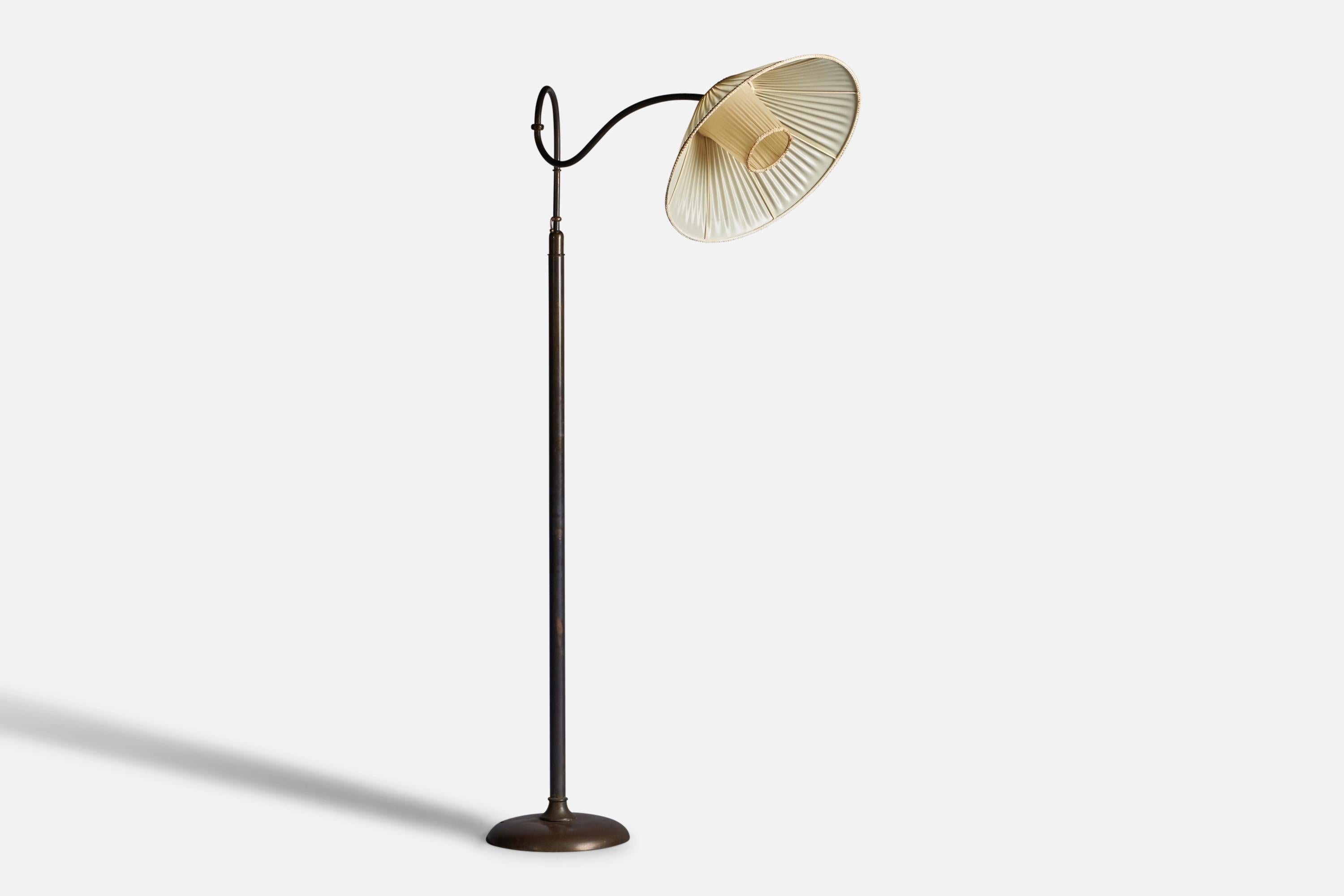 Modern Italian Designer, Adjustable Floor Lamp, Brass, Fabric, 1940s For Sale