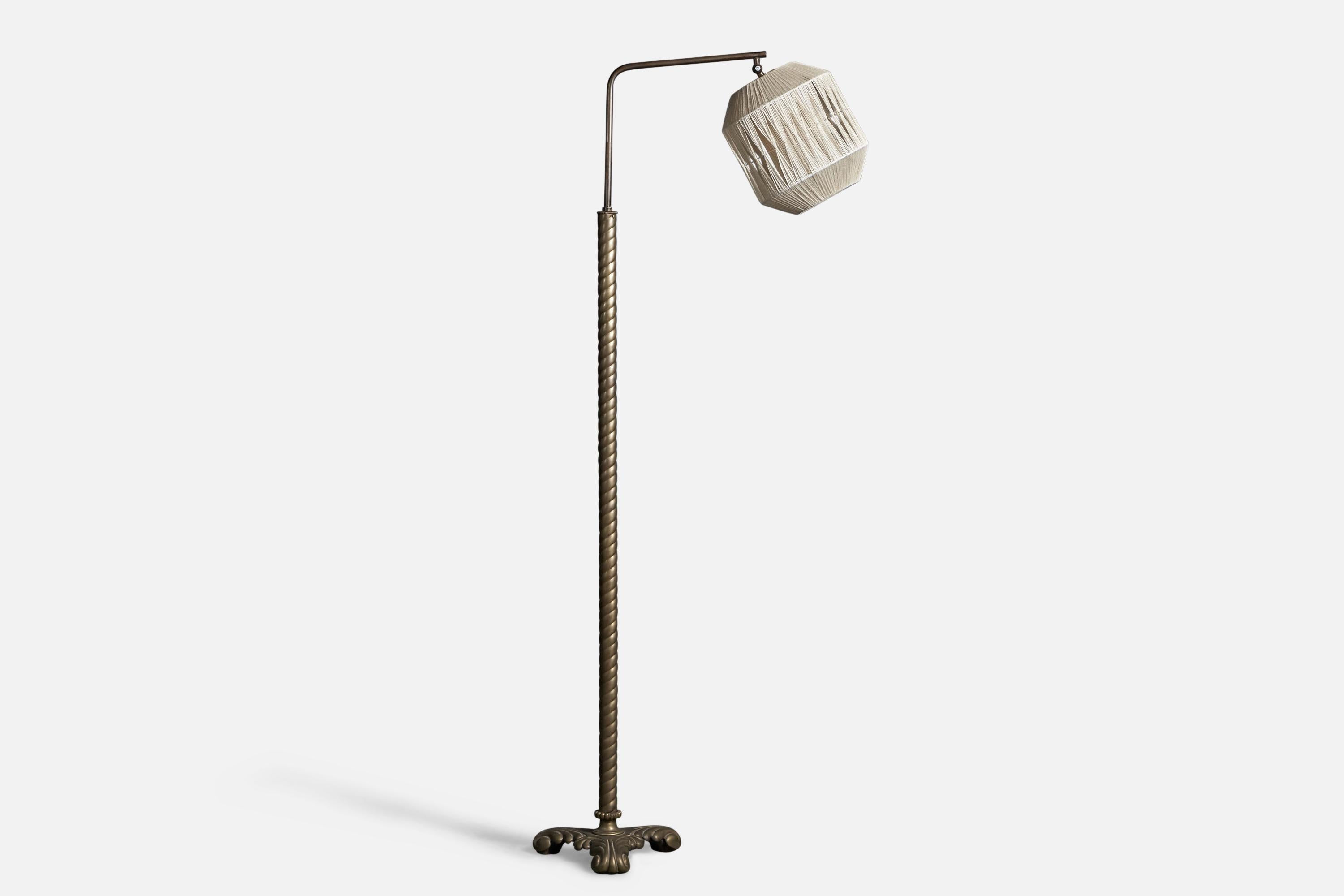 Modern Italian Designer, Adjustable Floor Lamp, Brass, Fabric, Italy, 1930s For Sale