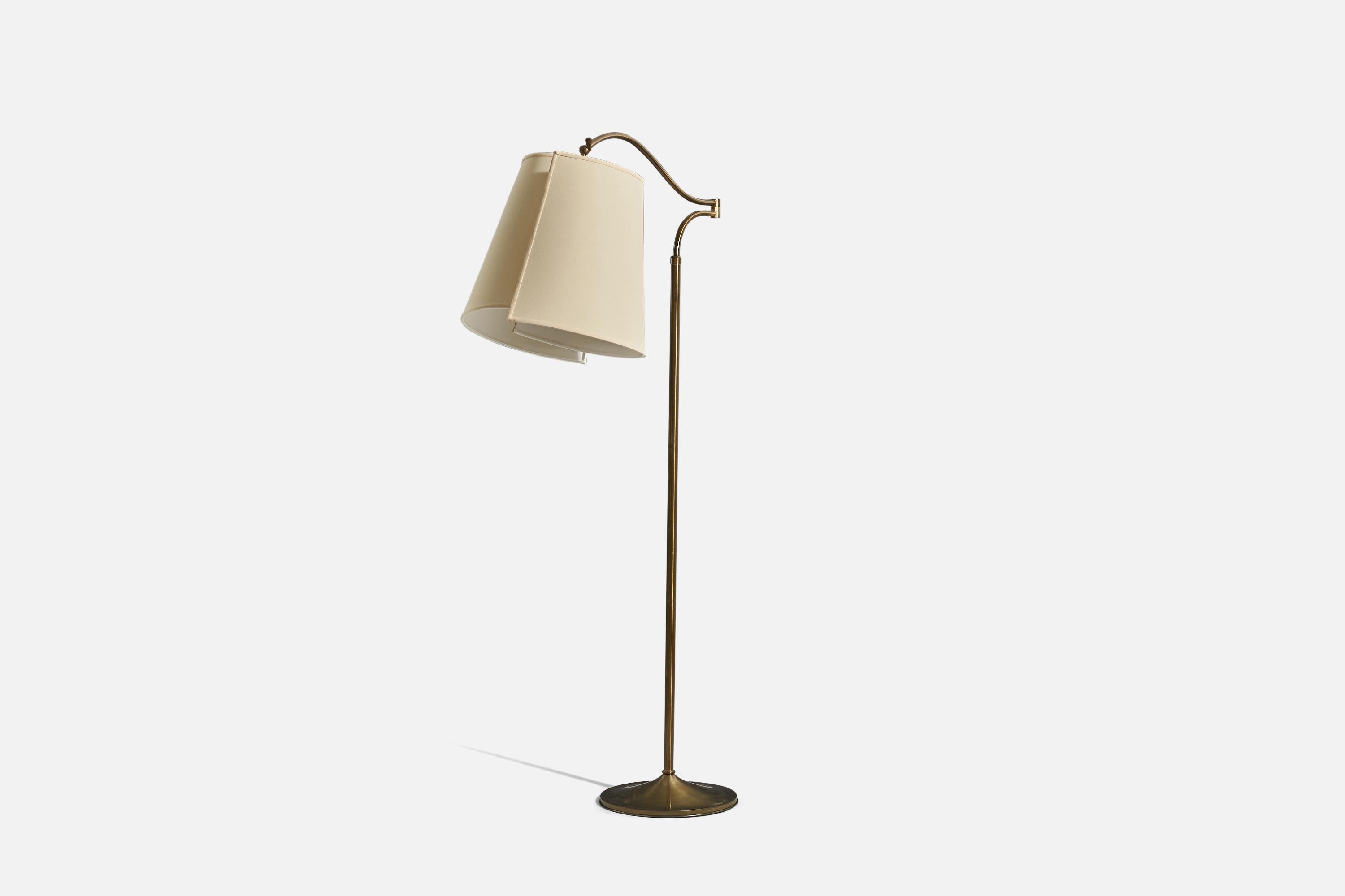 A brass and fabric floor lamp designed and produced in Italy, 1940s.

Variable dimensions, measured as illustrated in the first image.