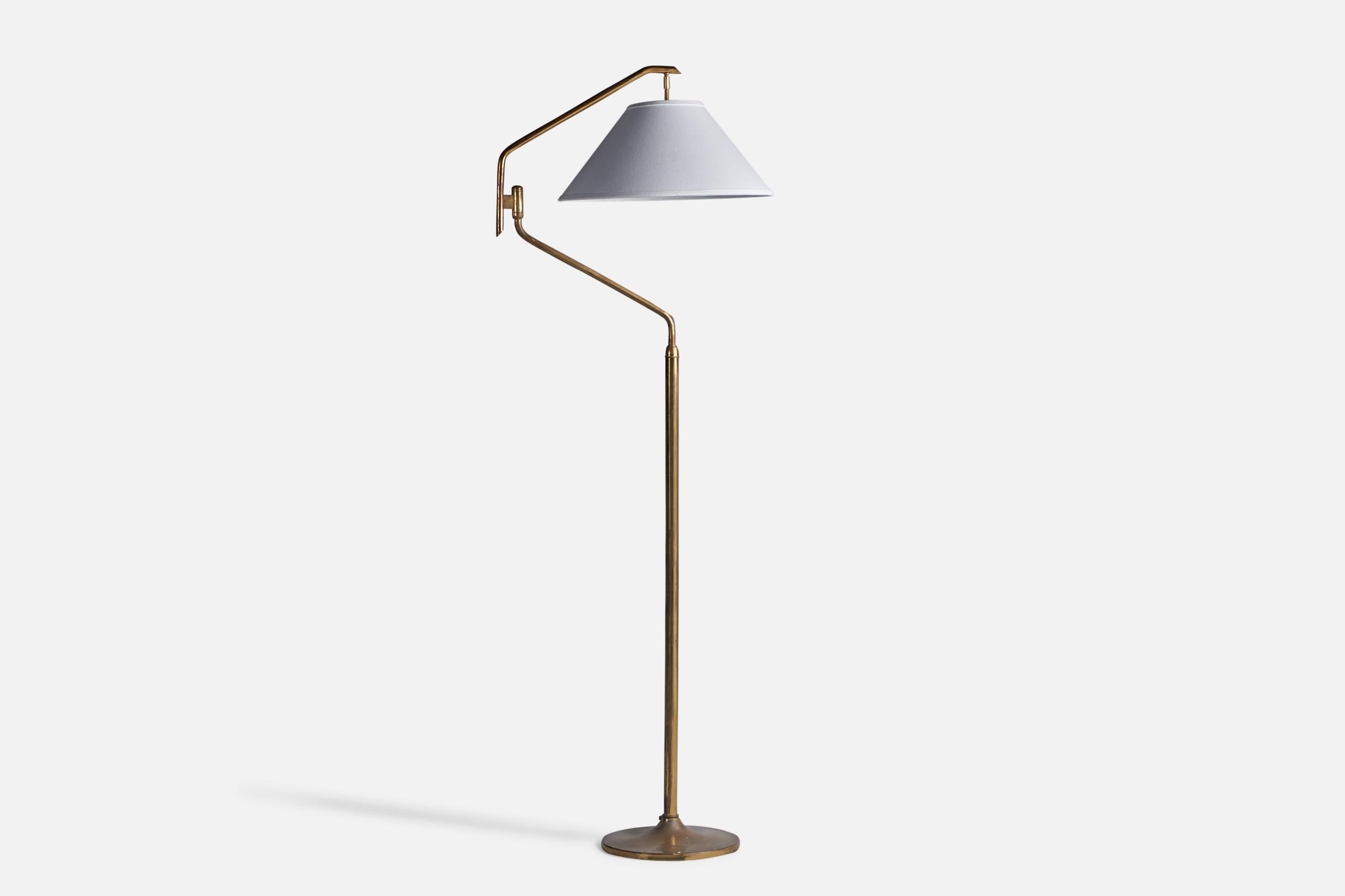 Mid-Century Modern Italian Designer, Adjustable Floor Lamp, Brass, Fabric, Italy, 1940s For Sale