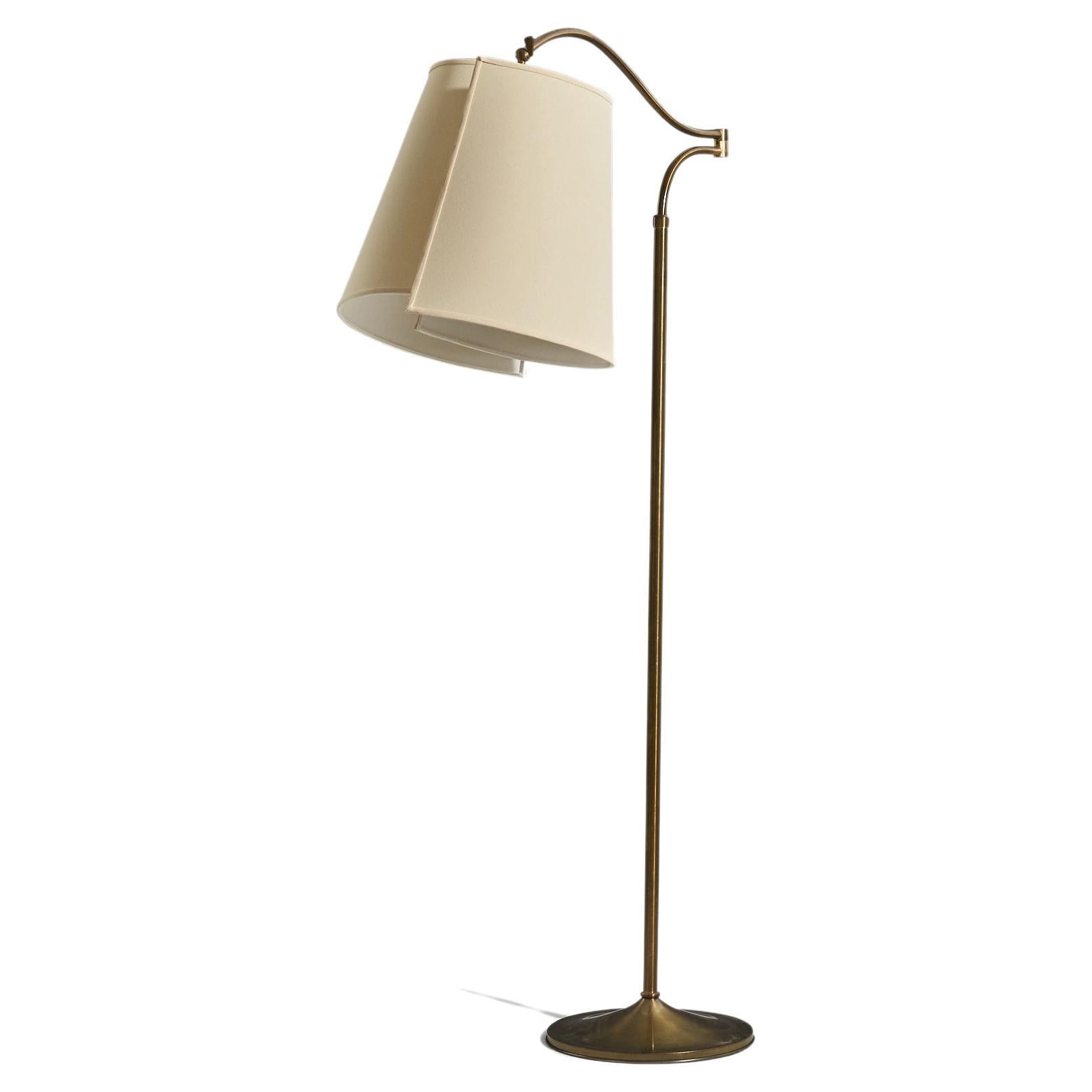 Italian Designer, Adjustable Floor Lamp, Brass, Fabric, Italy, 1940s For Sale