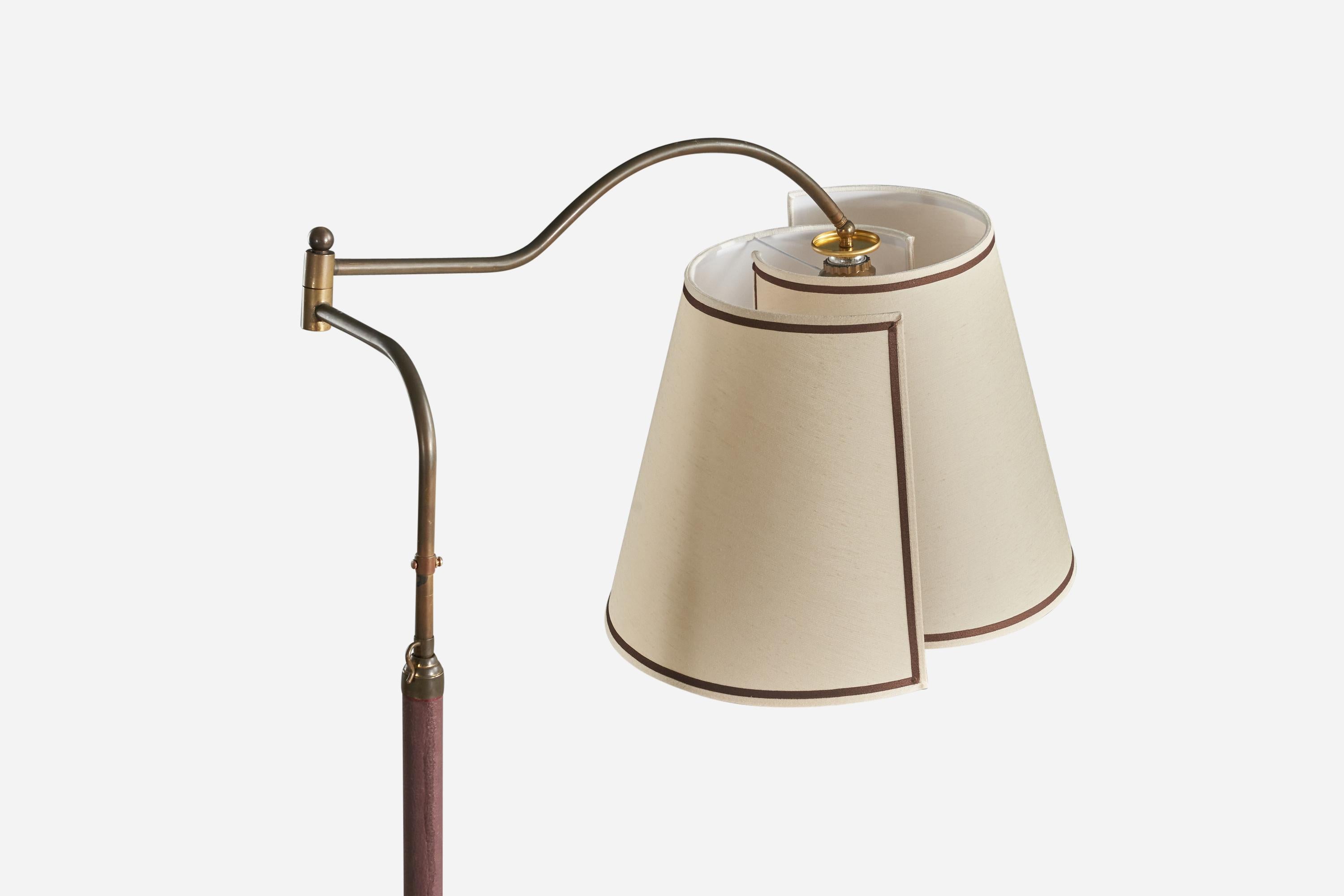 Mid-Century Modern Italian Designer, Adjustable Floor Lamp, Brass, Fabric, Vinyl, Italy, 1940s For Sale