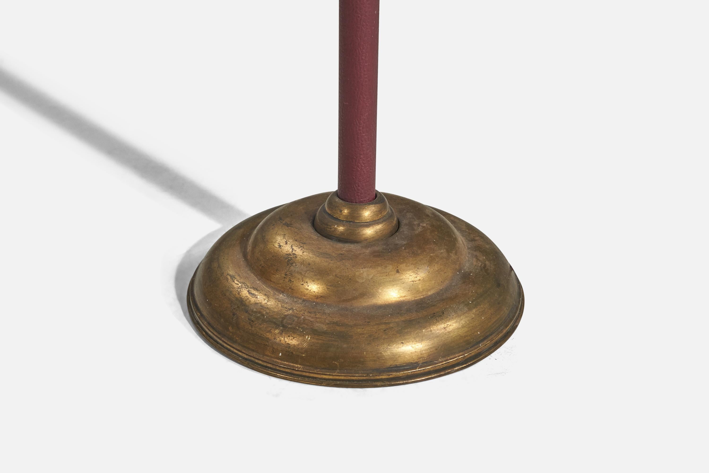 Italian Designer, Adjustable Floor Lamp, Brass, Fabric, Vinyl, Italy, 1940s In Good Condition For Sale In High Point, NC