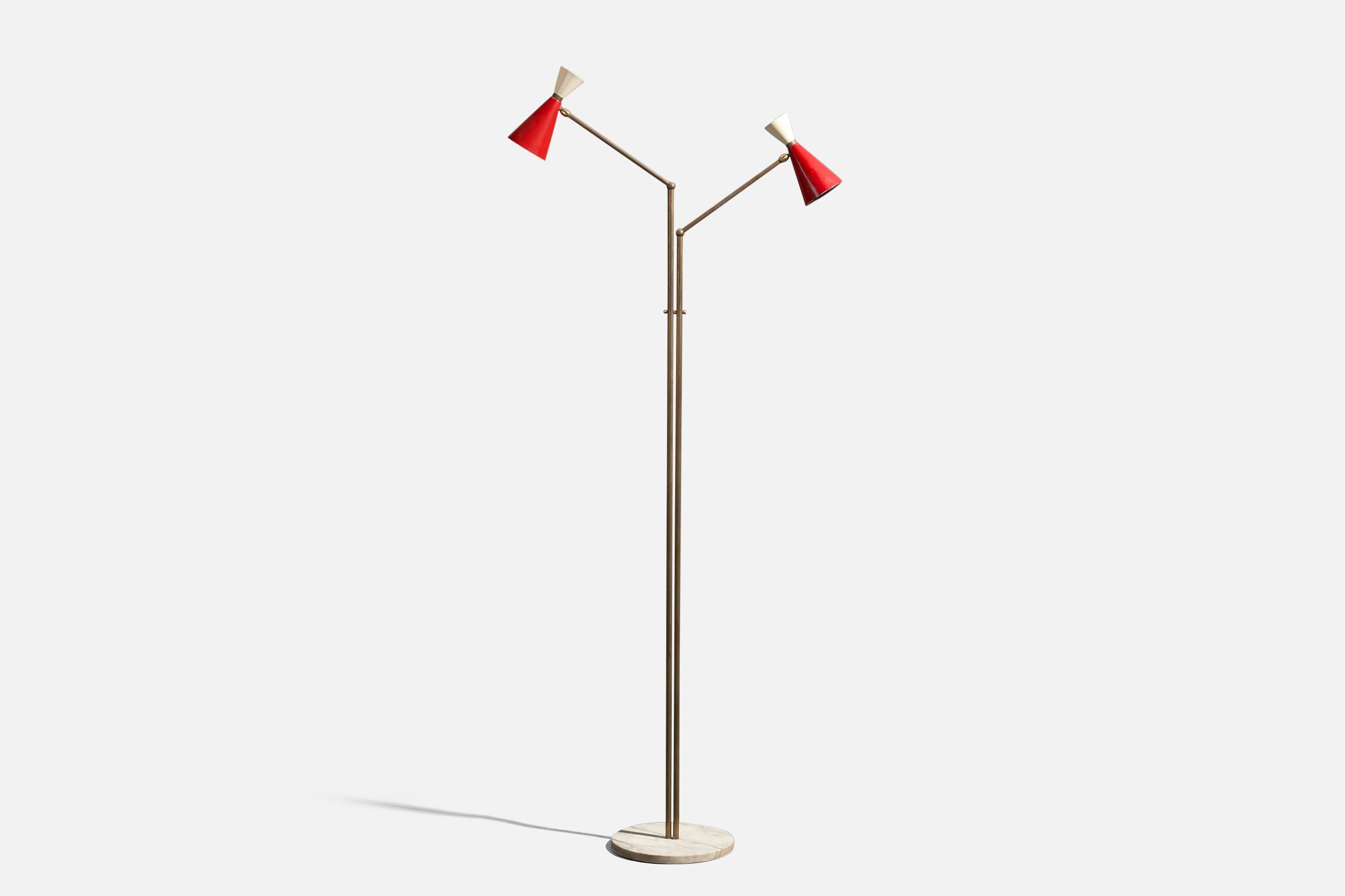 A tall and adjustable, brass, marble and red and white-lacquered metal floor lamp designed and produced in Italy, 1950s.

Dimensions variable, measured as illustrated in first image.

Sockets take E-14 bulbs.

There is no maximum wattage