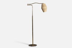 Lampada da terra regolabile di design italiano, ottone, rafia, Italia, anni '40