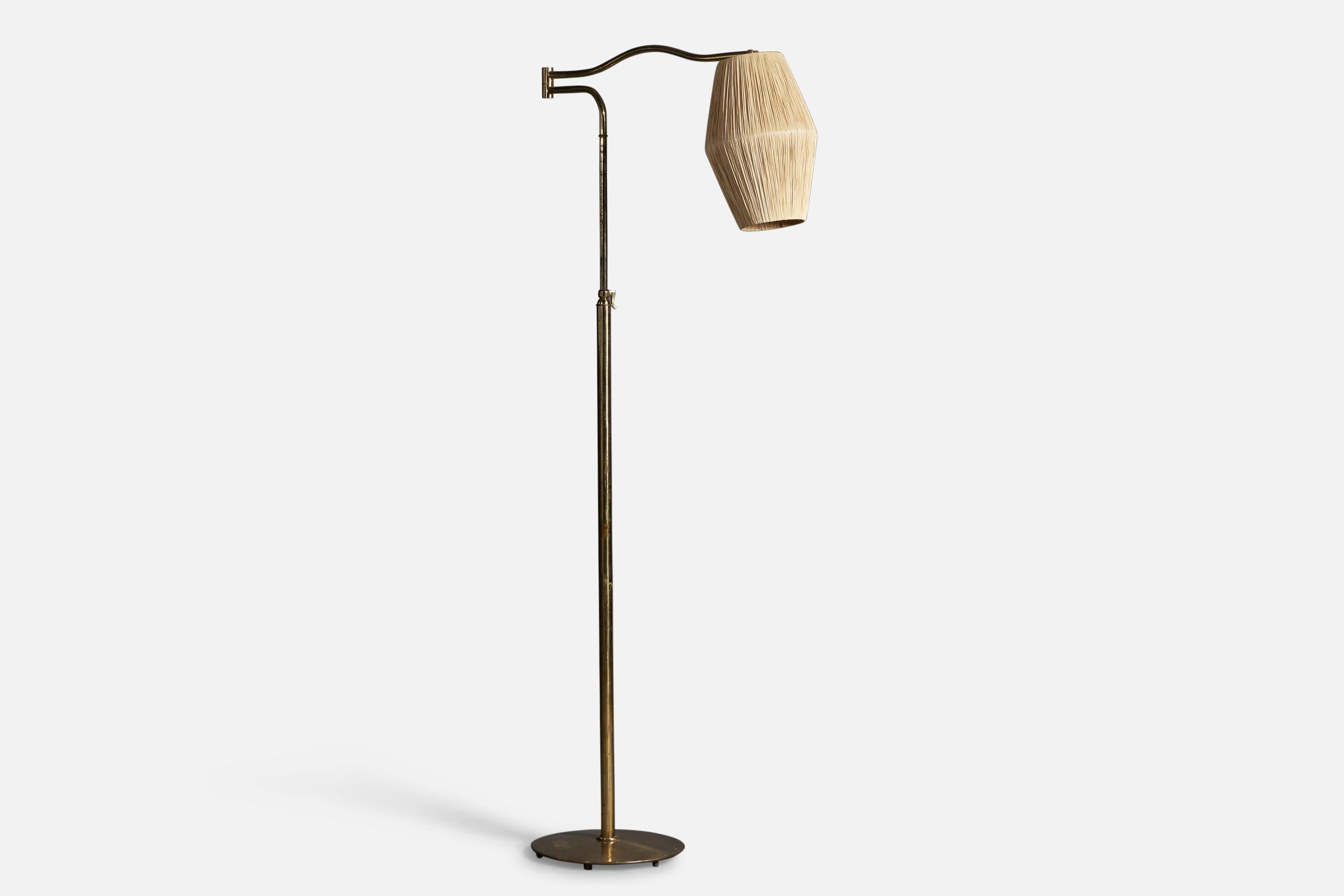Mid-Century Modern Italian Designer, Adjustable Floor Lamp, Brass, Raffia, Italy, 1940s For Sale