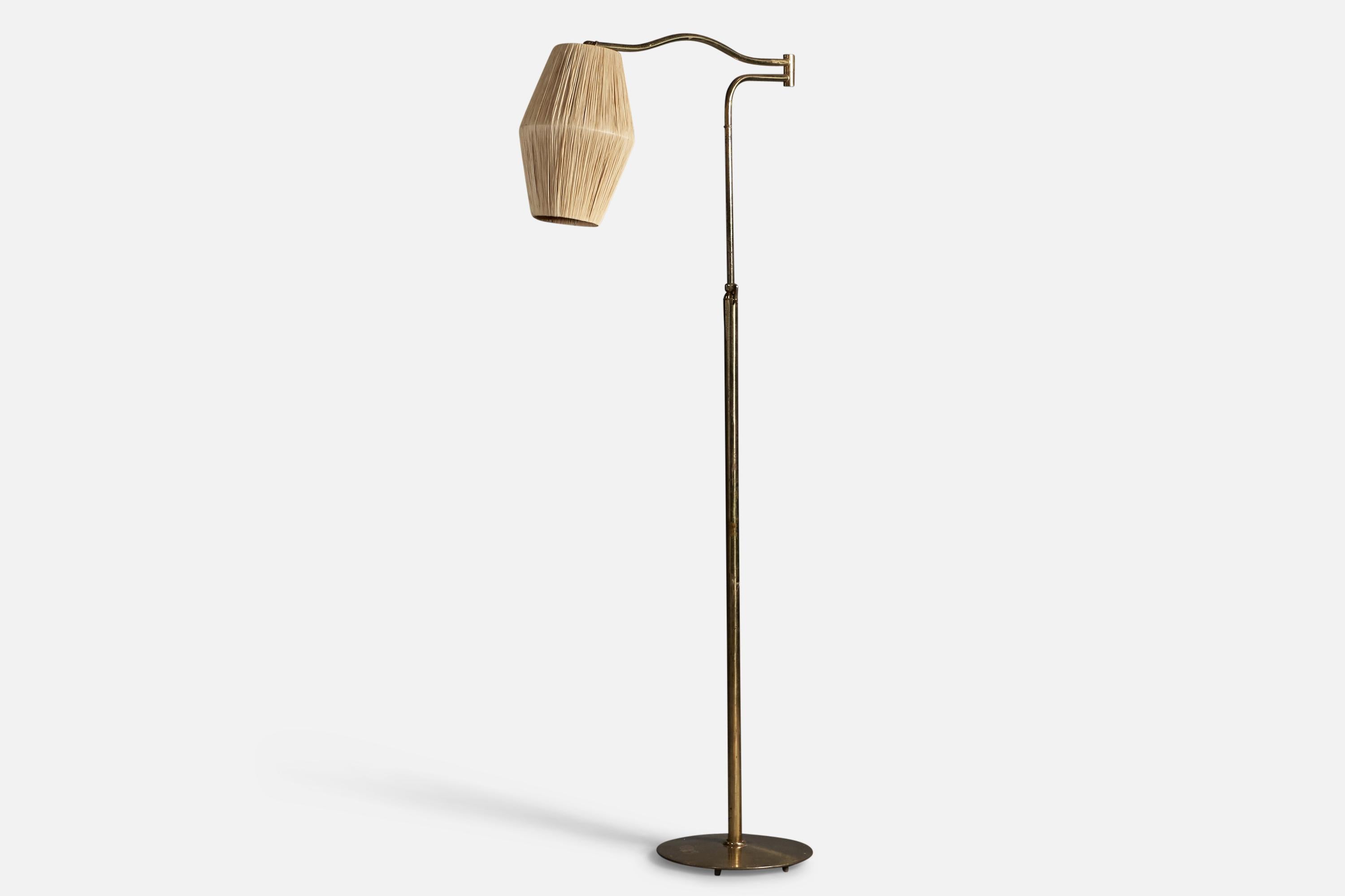 Italian Designer, Adjustable Floor Lamp, Brass, Raffia, Italy, 1940s In Good Condition For Sale In High Point, NC