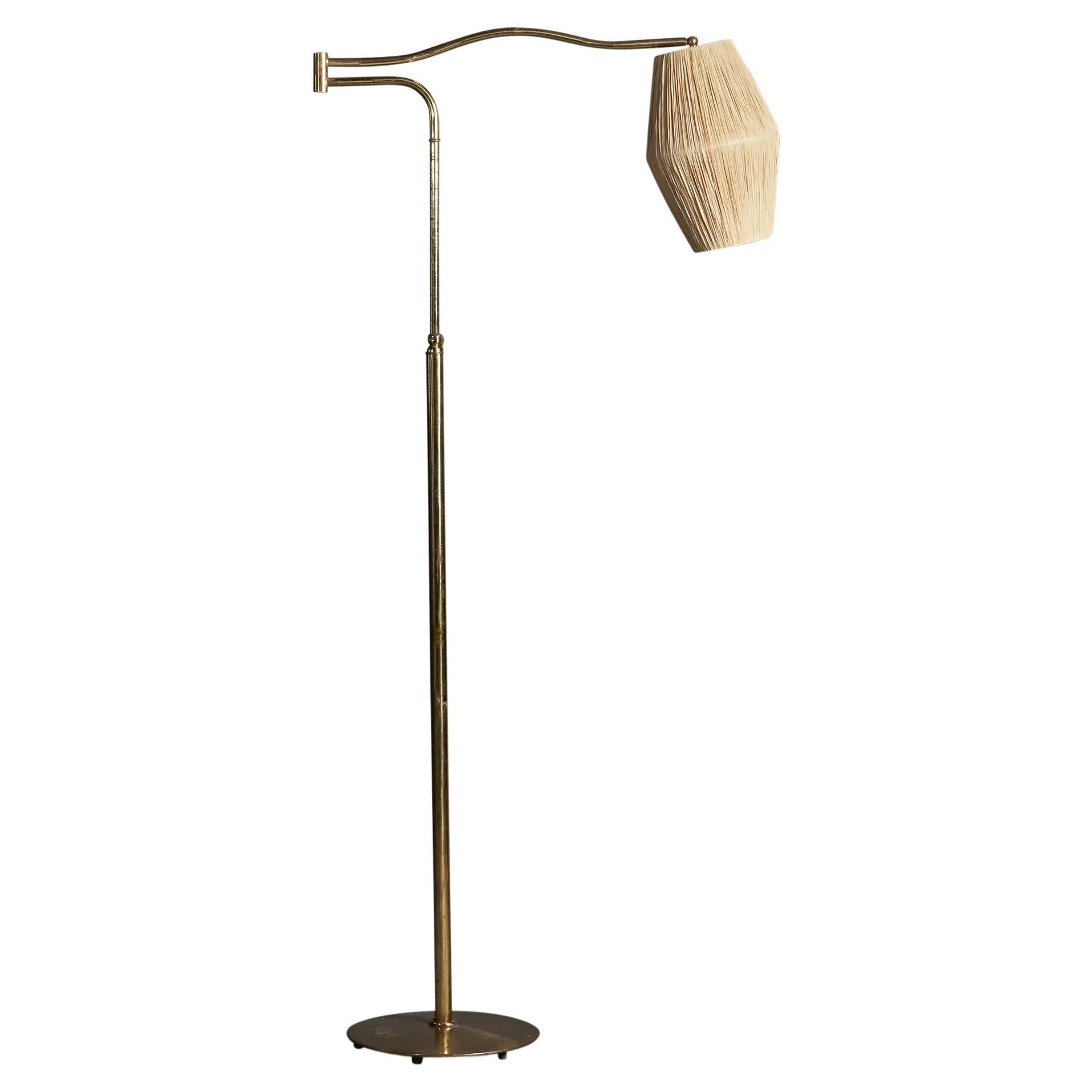 Italian Designer, Adjustable Floor Lamp, Brass, Raffia, Italy, 1940s For Sale