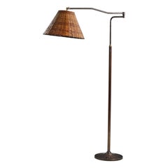 Italian Designer, Adjustable Floor Lamp, Brass, Rattan, Italy, 1940s