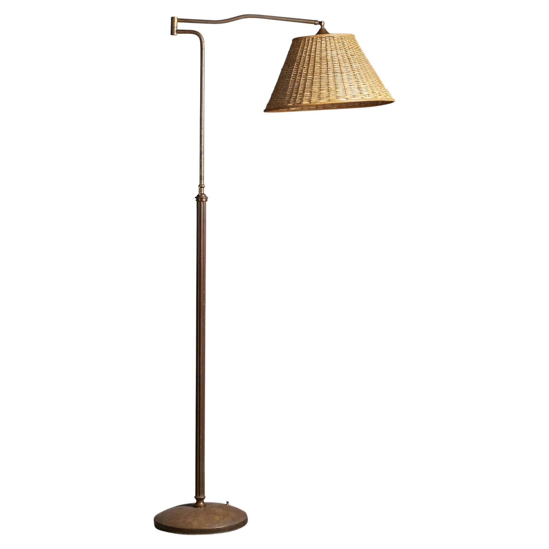 Italian Designer, Adjustable Floor Lamp, Brass, Rattan, Italy, 1940s For Sale