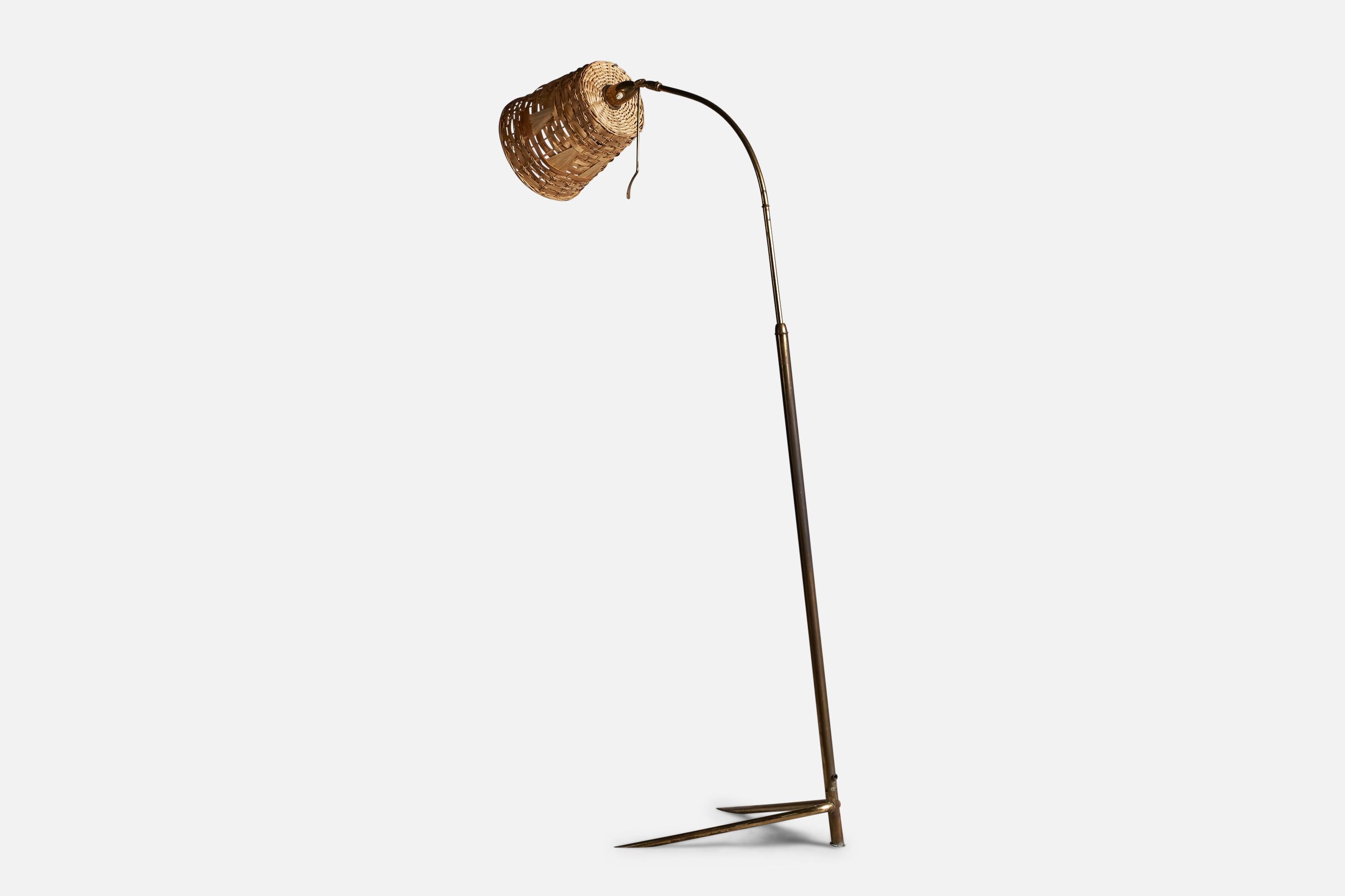 Mid-20th Century Italian Designer, Adjustable Floor Lamp, Brass, Rattan, Italy, 1950s For Sale
