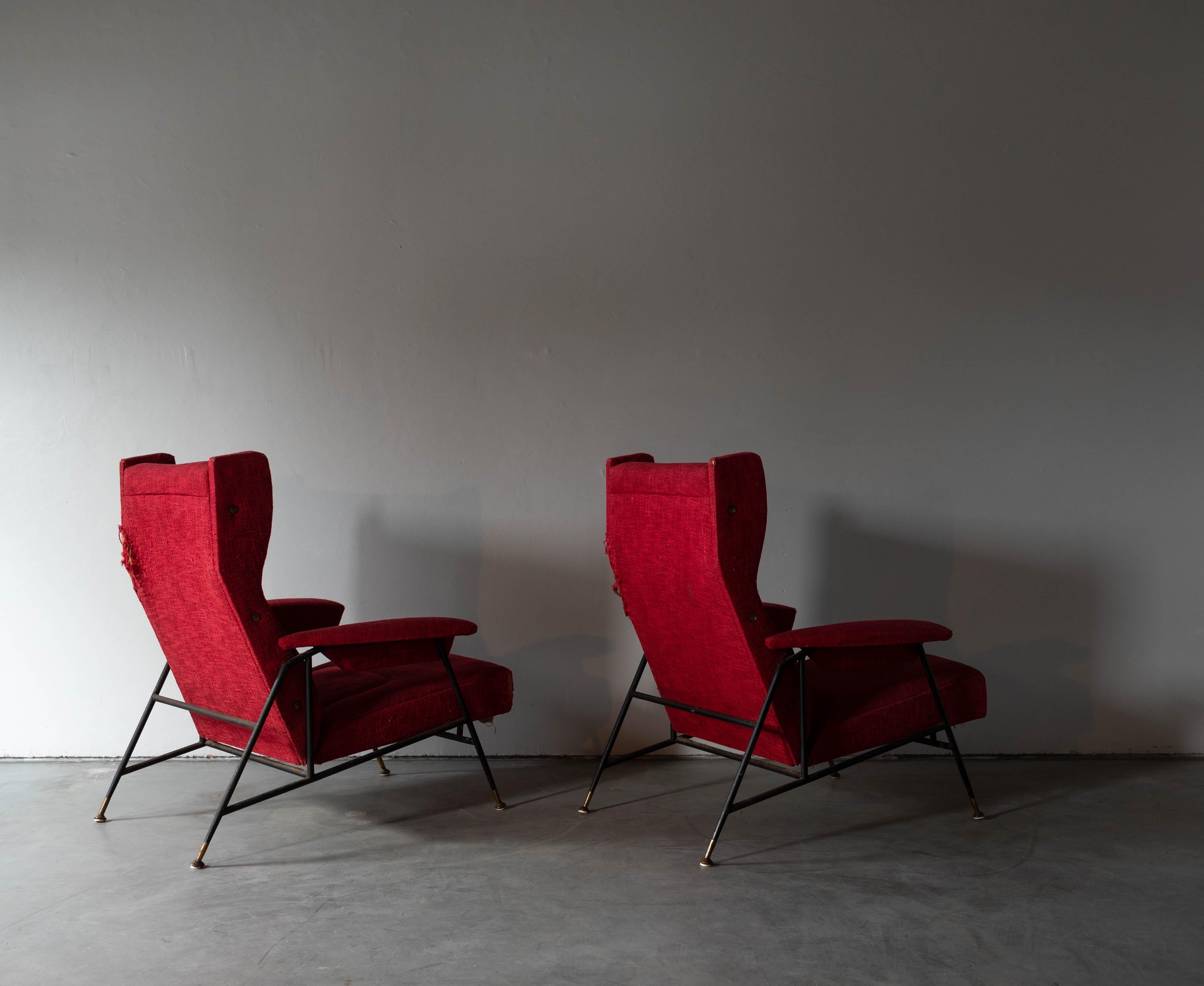Italian Designer, Adjustable Lounge Chairs, Metal Brass Red Fabric, Italy, 1950s 1
