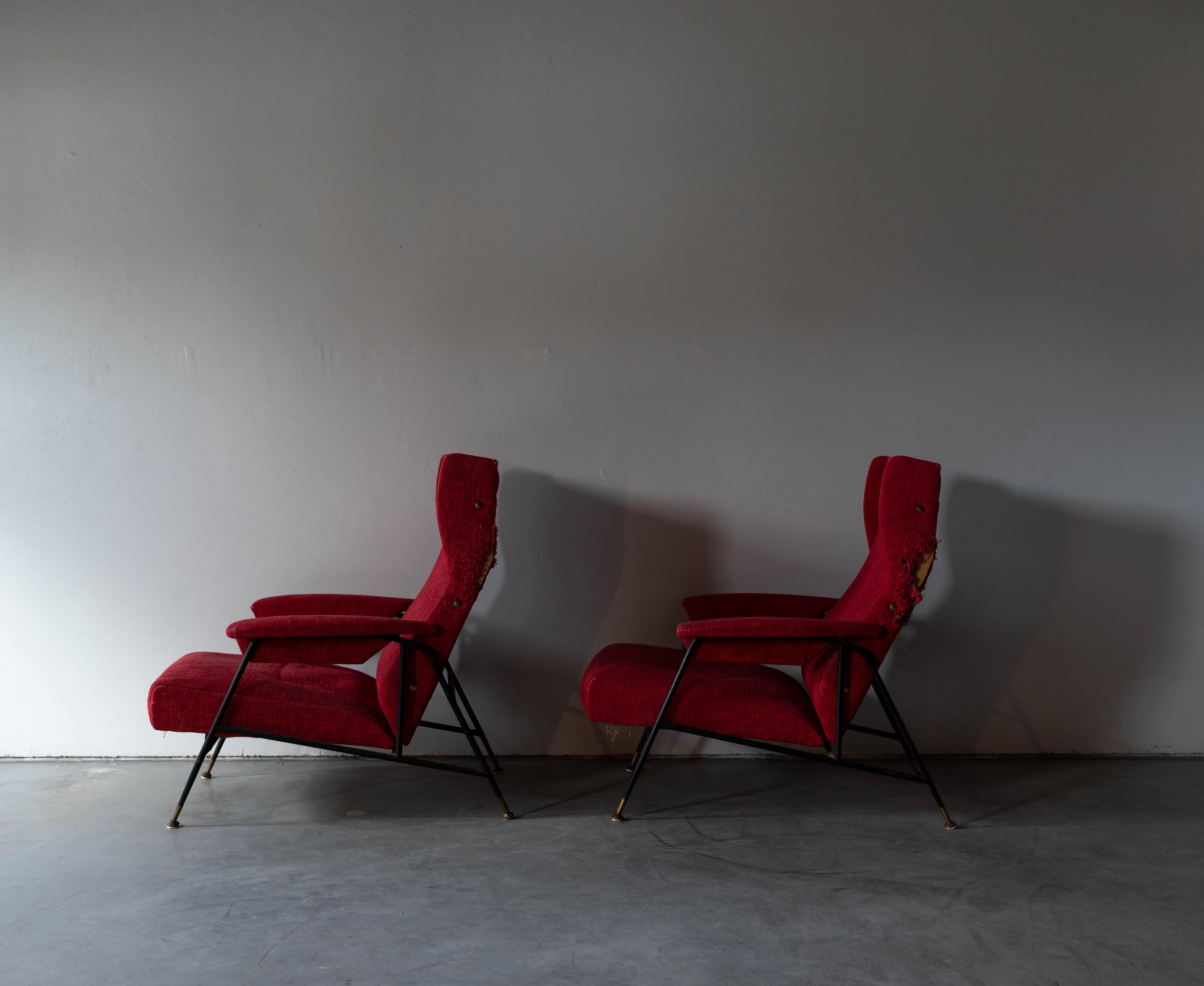 Italian Designer, Adjustable Lounge Chairs, Metal Brass Red Fabric, Italy, 1950s 3