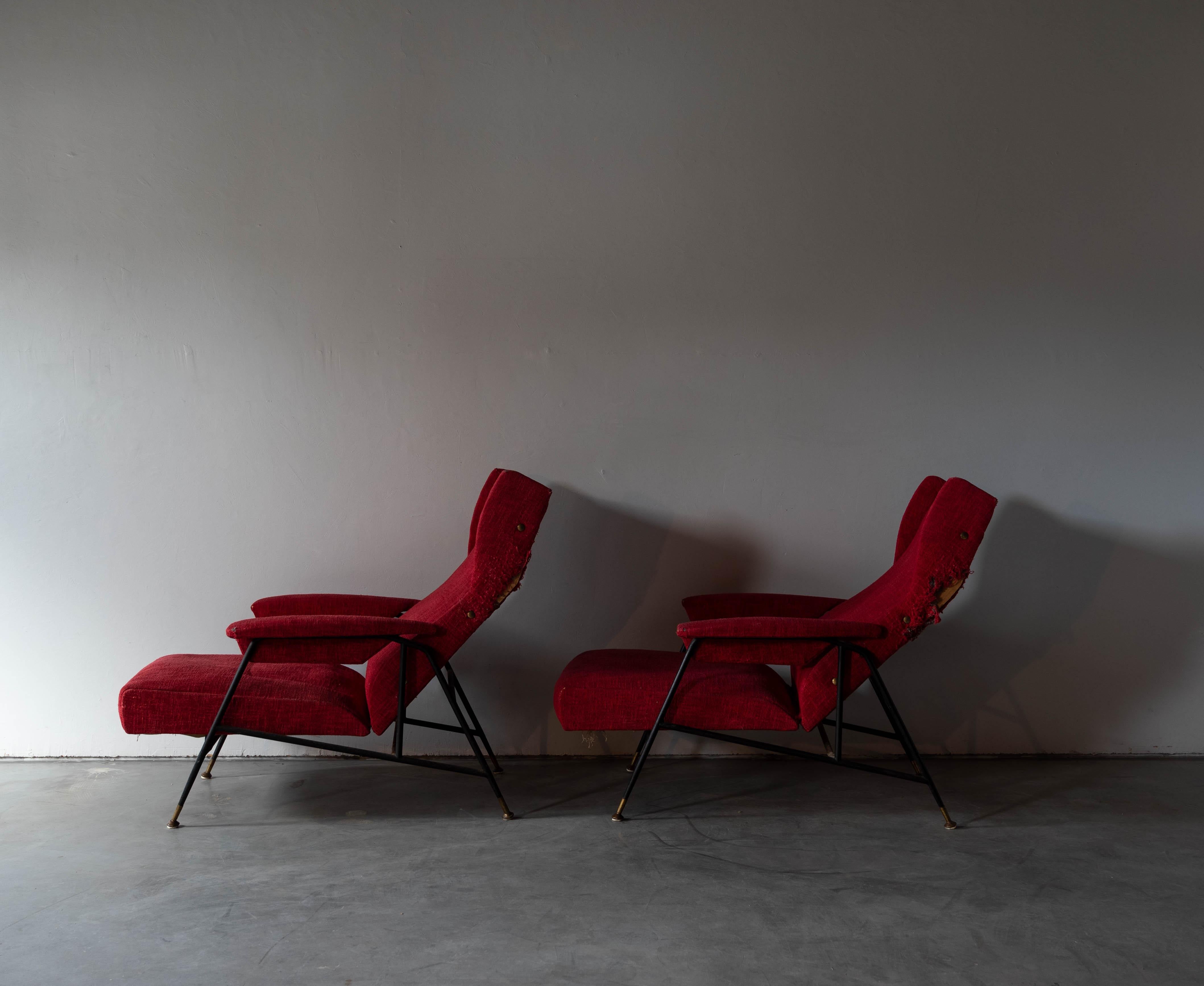Italian Designer, Adjustable Lounge Chairs, Metal Brass Red Fabric, Italy, 1950s 4