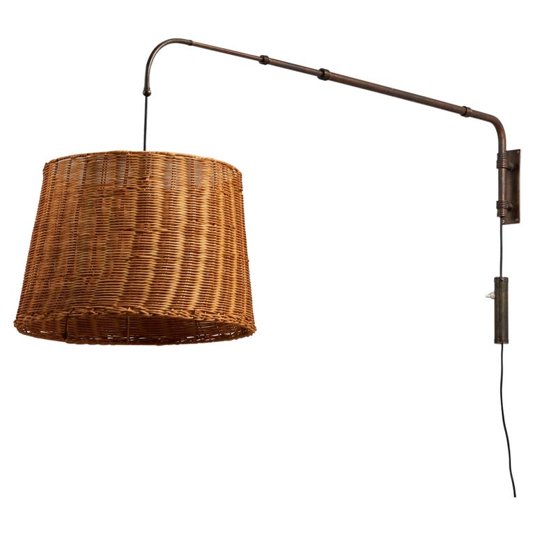 Italian Designer, Adjustable Sconce, Copper, Rattan, Italy, 1940s For Sale  at 1stDibs
