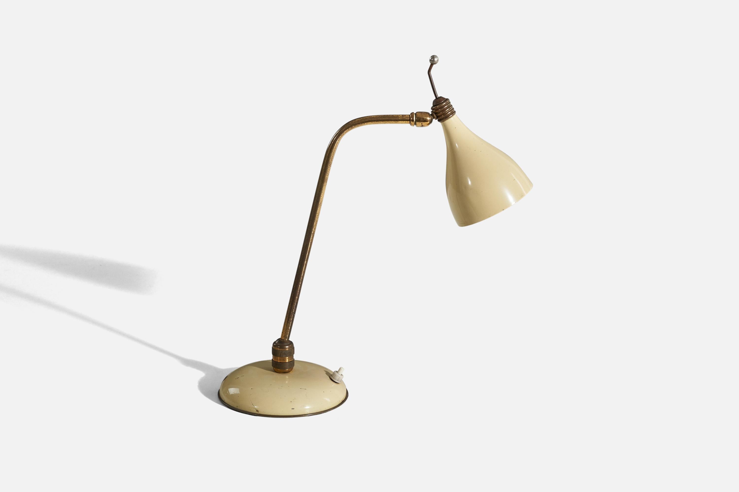 A white lacquered metal and brass table lamp designed and produced in Italy, 1940s. 

Variable dimensions, measured as illustrated in the first image.
  