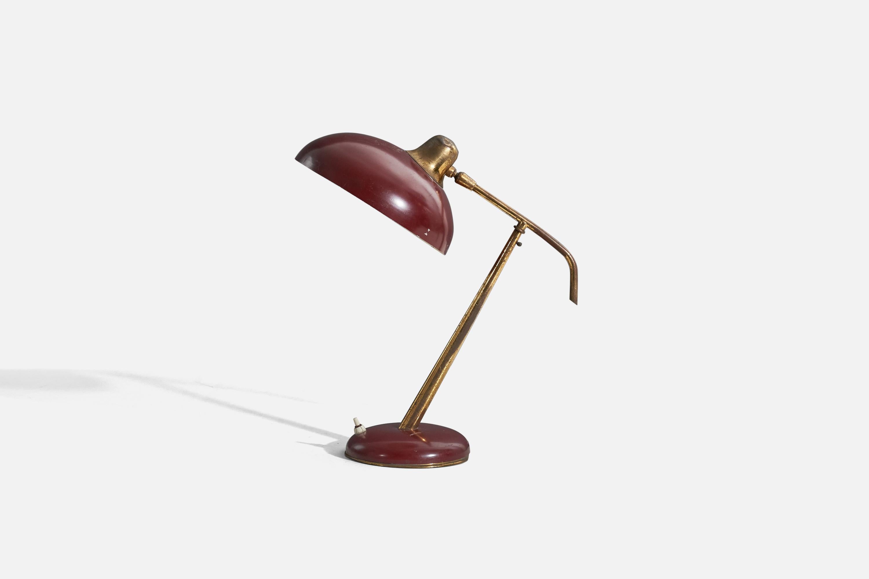 Italian Designer, Adjustable Table Lamp, Brass, Red Metal, Italy, 1950s For Sale 1