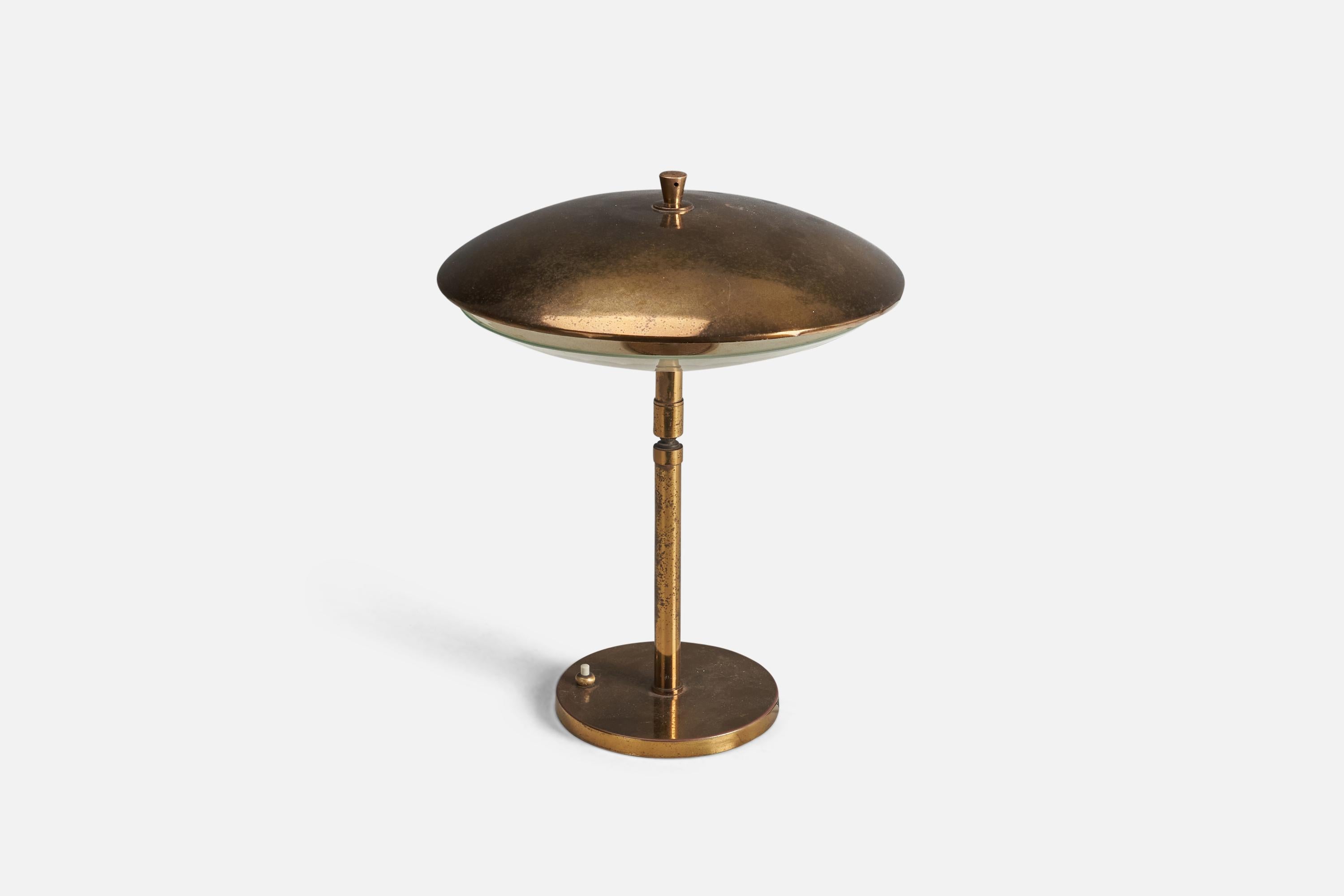 Mid-20th Century Italian Designer, Adjustable Table Lamp, Glass, Brass, Italy, 1940s