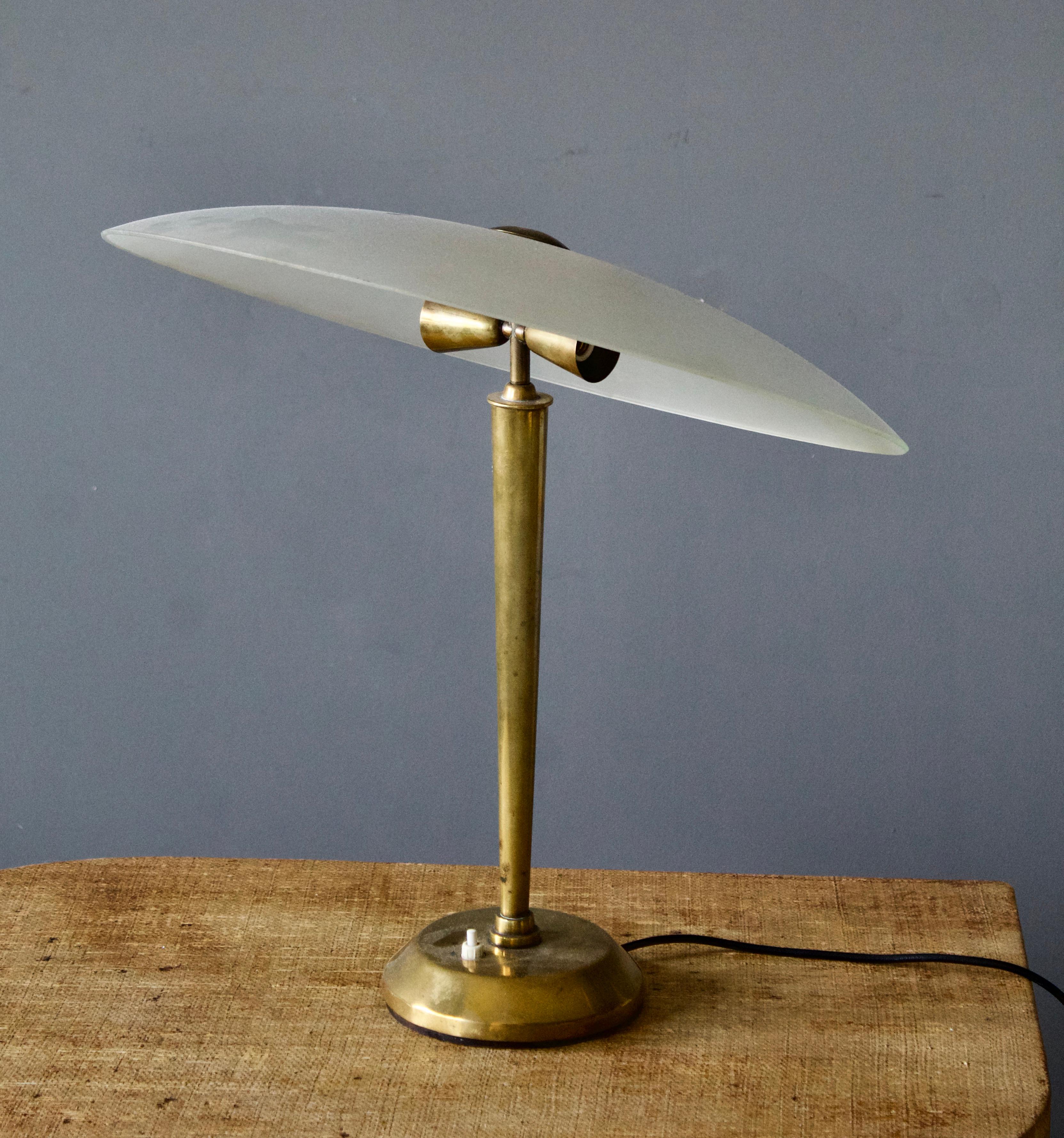Italian Designer, Adjustable Table Lamp, Glass, Brass, Italy, 1940s 1