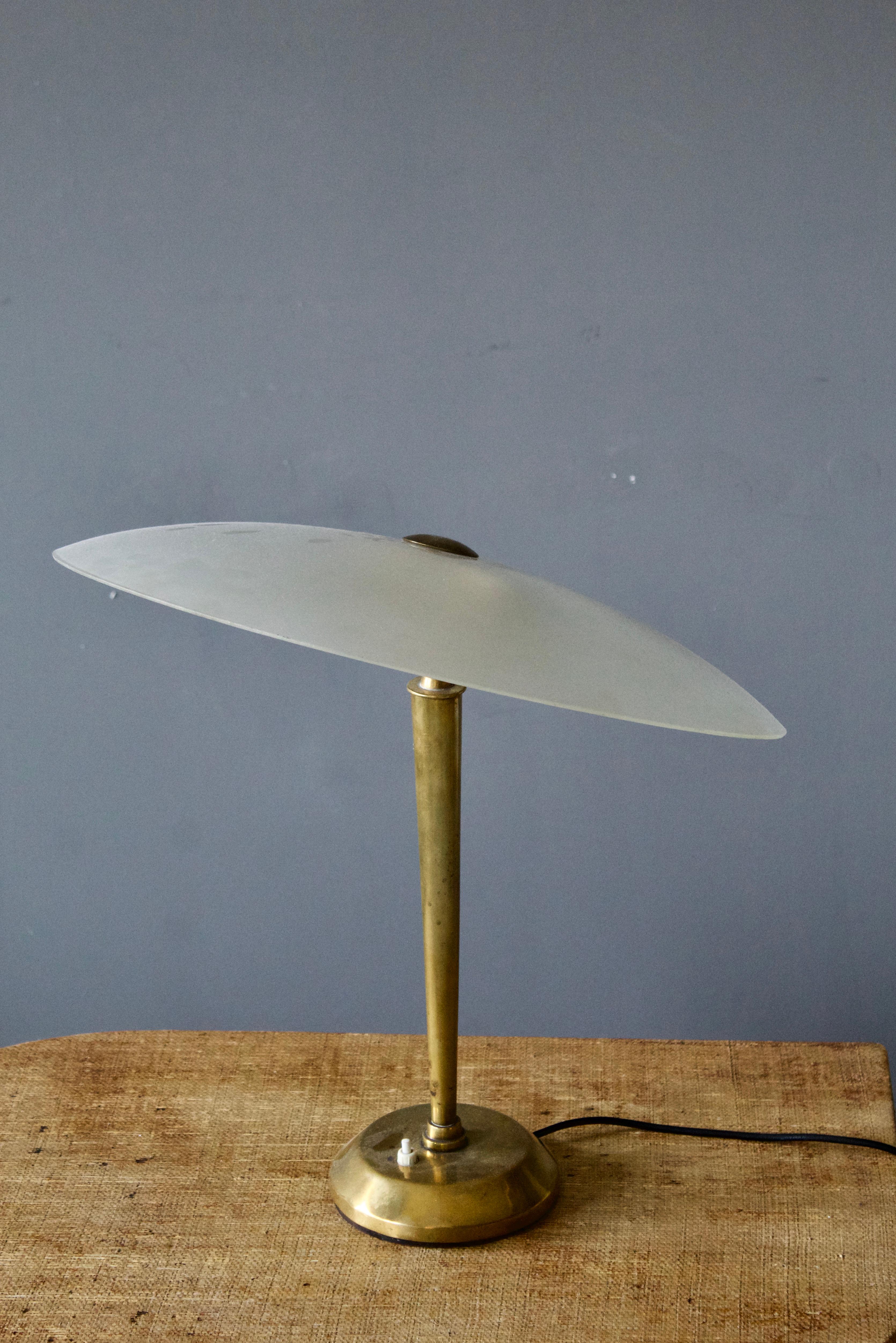 Italian Designer, Adjustable Table Lamp, Glass, Brass, Italy, 1940s 2