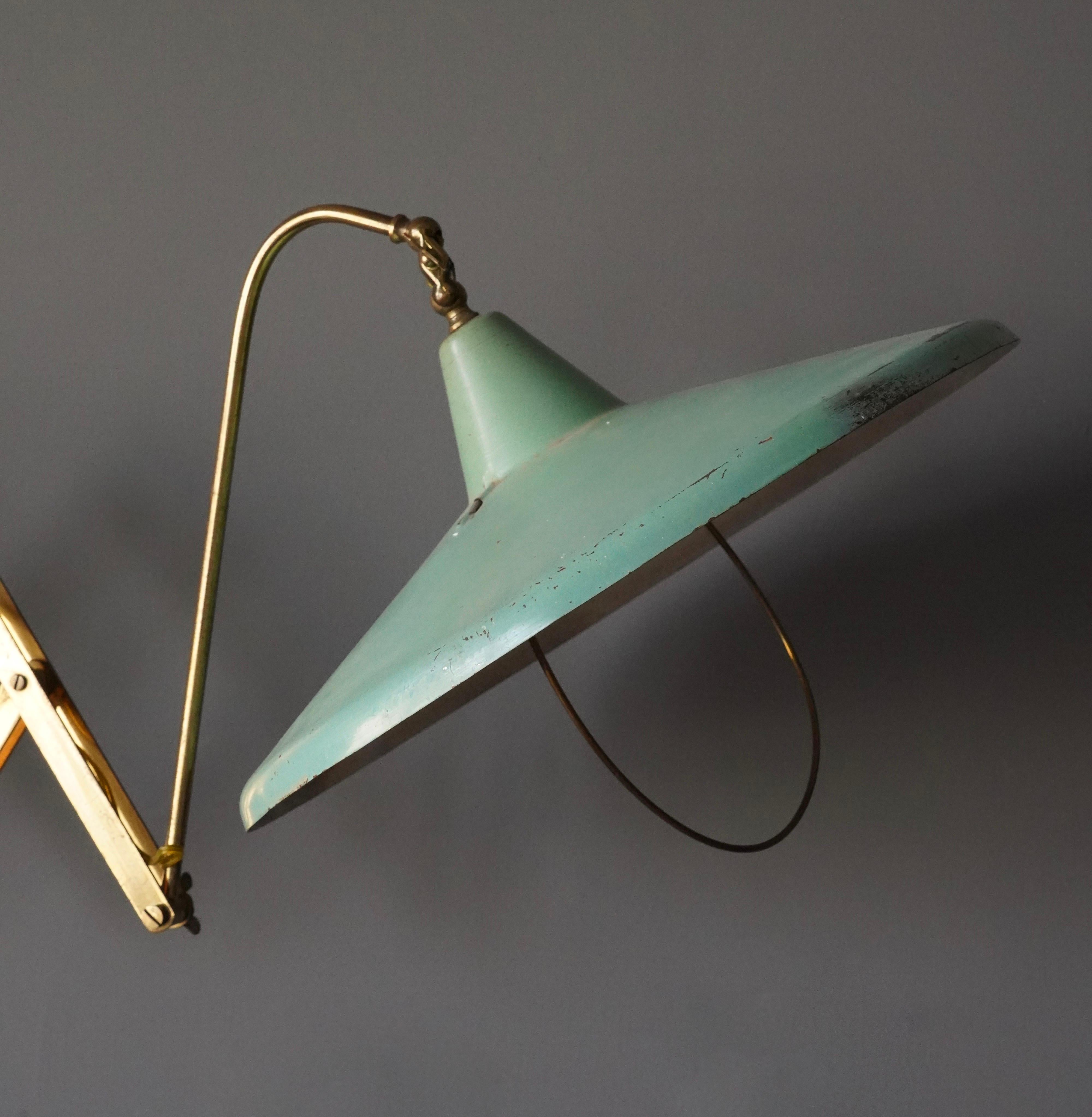 Mid-20th Century Italian Designer, Adjustable Wall Light, Brass Green Lacquered Metal Italy 1940s For Sale