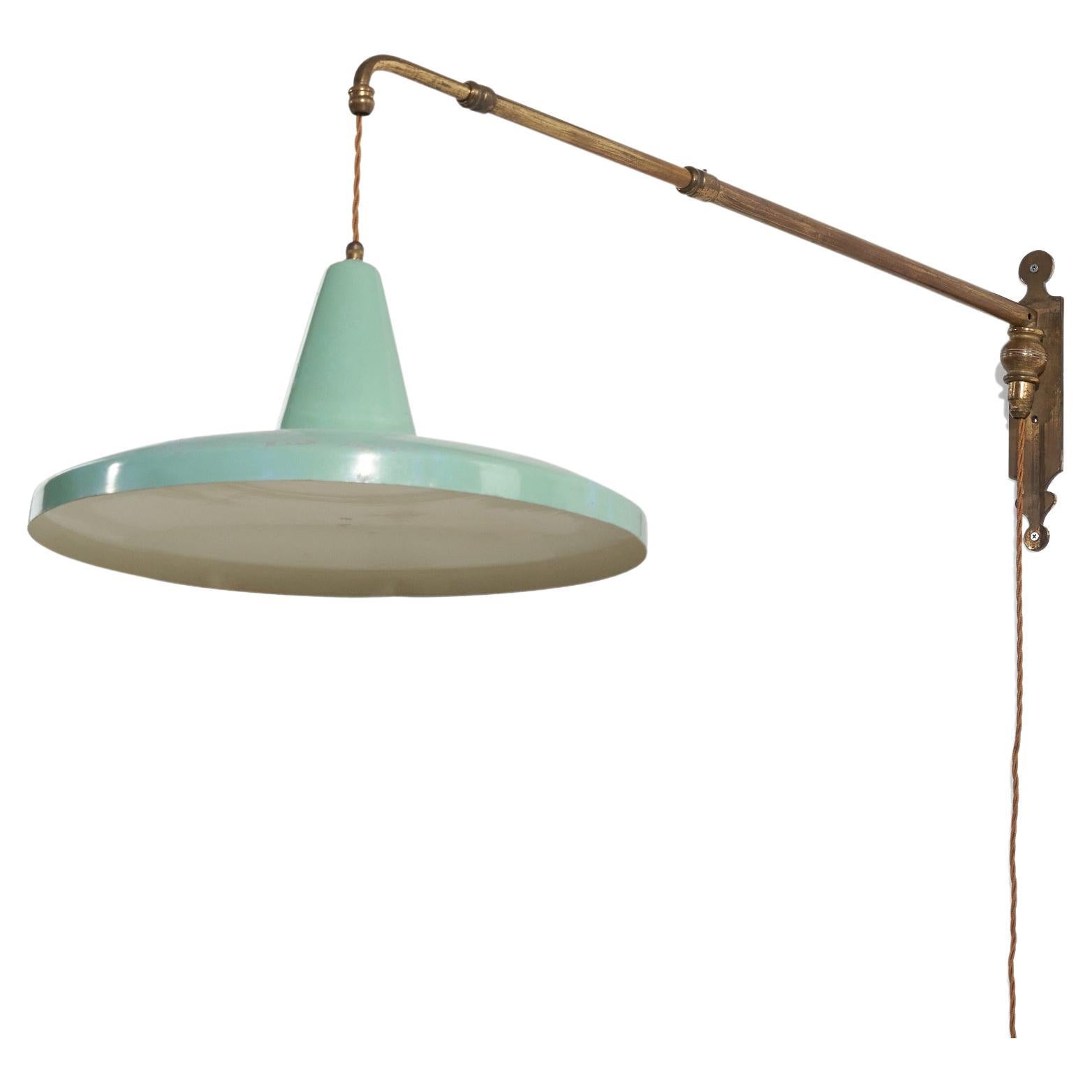 Italian Designer, Adjustable Wall Light, Brass, Lacquered Metal, Italy, 1940s For Sale