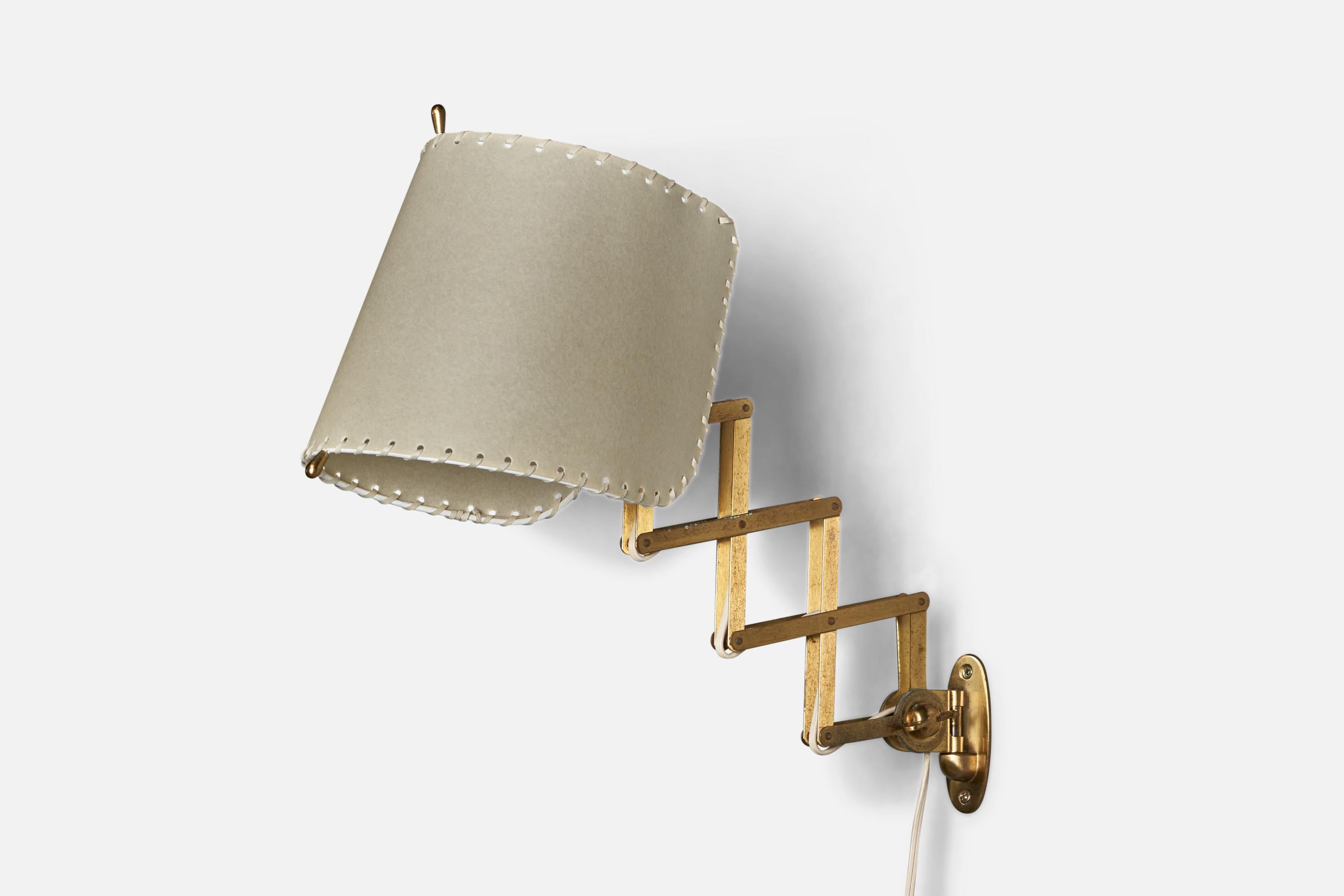 Italian Designer, Adjustable Wall Light, Brass, Parchment Paper, Italy, 1950s For Sale 1