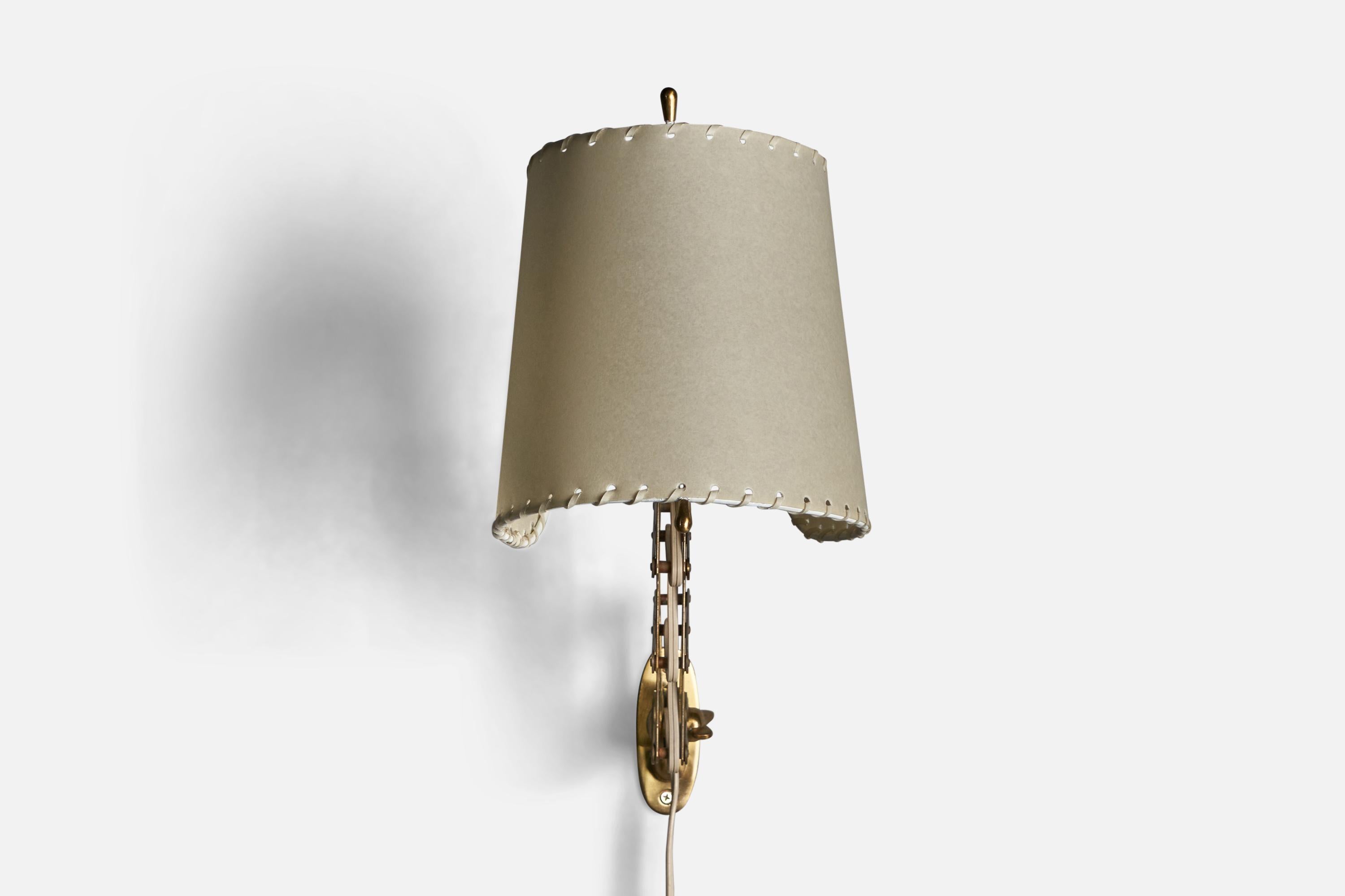 Italian Designer, Adjustable Wall Light, Brass, Parchment Paper, Italy, 1950s For Sale 2