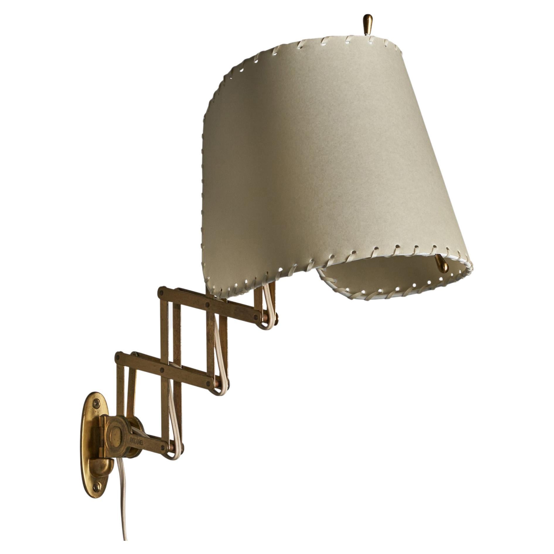 Italian Designer, Adjustable Wall Light, Brass, Parchment Paper, Italy, 1950s For Sale