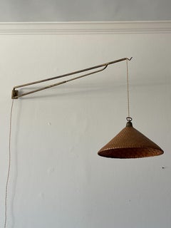 Italian Designer, Adjustable Wall Light, Brass, Rattan, Italy, 1940s