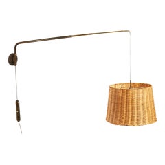 Italian Designer, Adjustable Wall Light, Brass, Rattan, Italy, 1940s