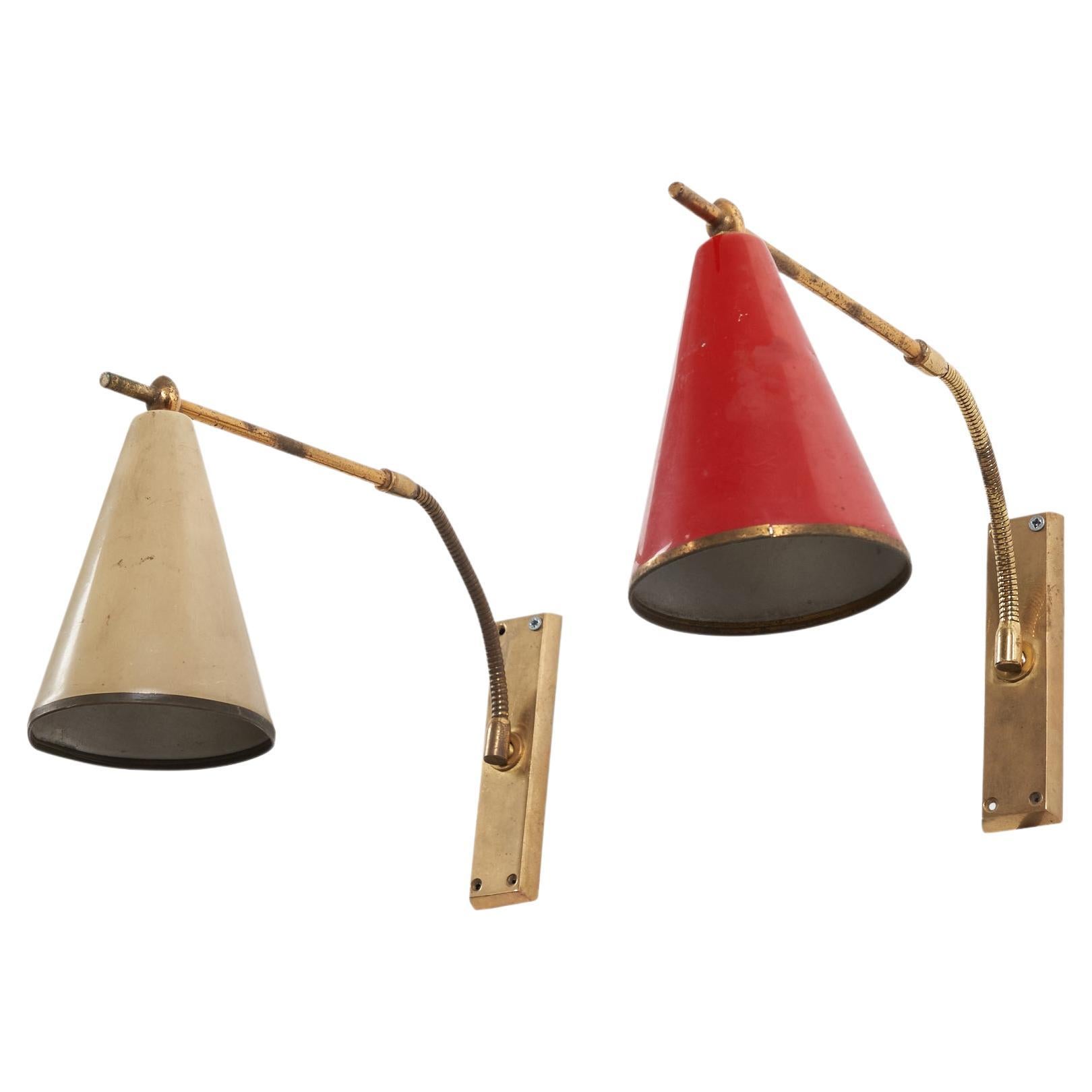 Italian Designer, Adjustable Wall Lights, Brass, Lacquered Metal, Italy, 1950s For Sale