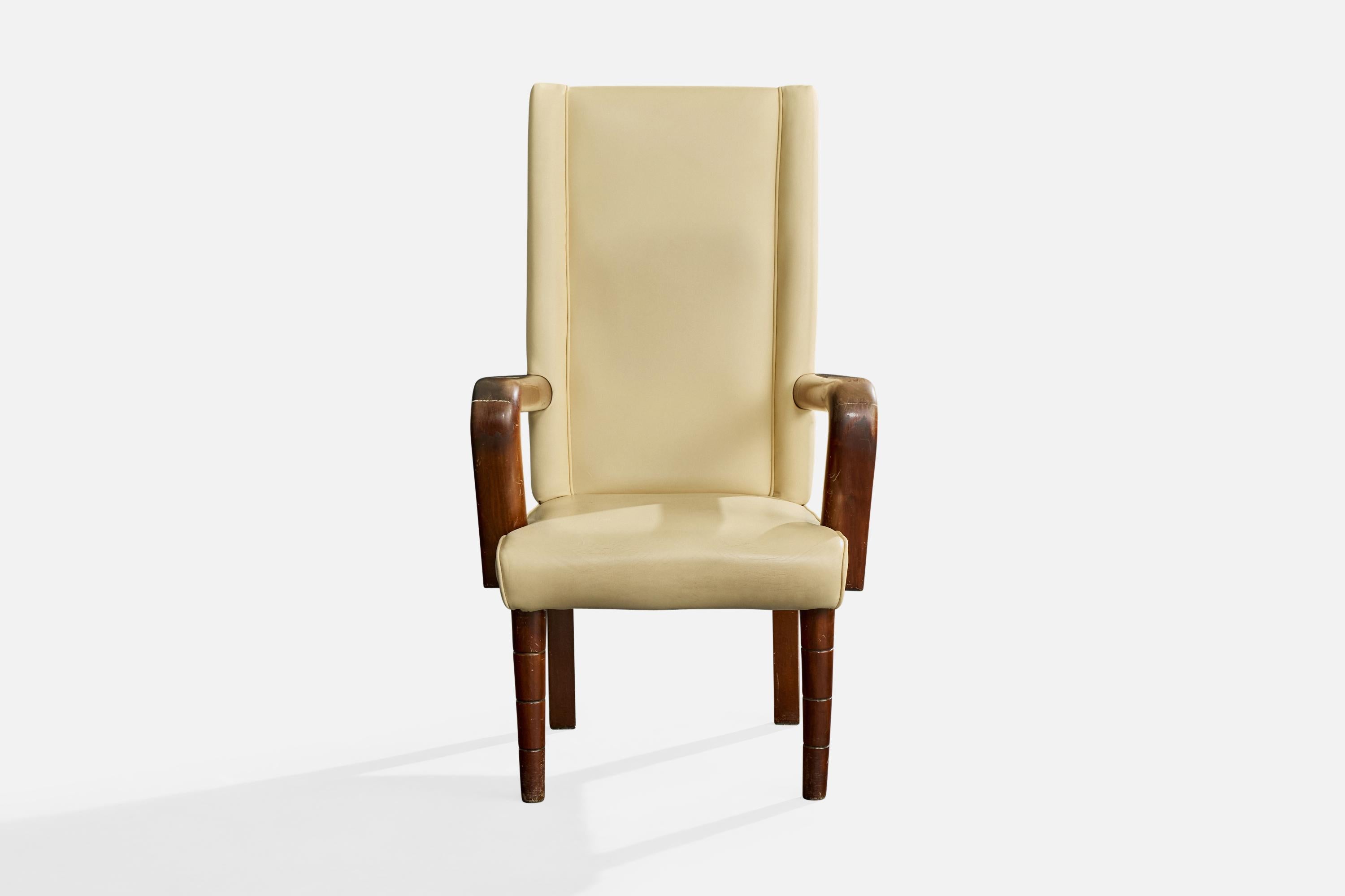 Mid-Century Modern Italian Designer, Armchair, Wood, Vinyl, Italy, 1930s For Sale