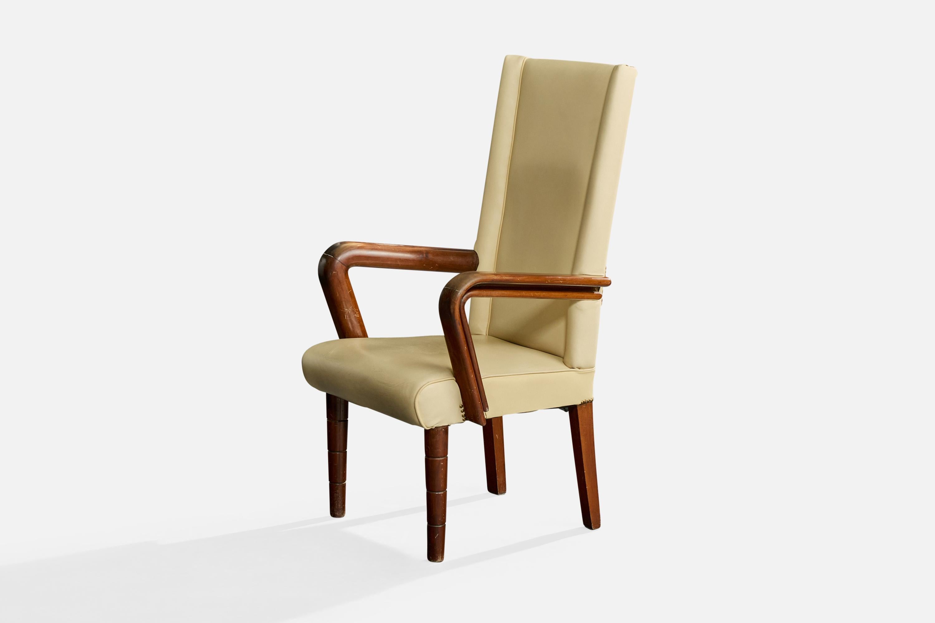 Italian Designer, Armchair, Wood, Vinyl, Italy, 1930s In Fair Condition For Sale In High Point, NC