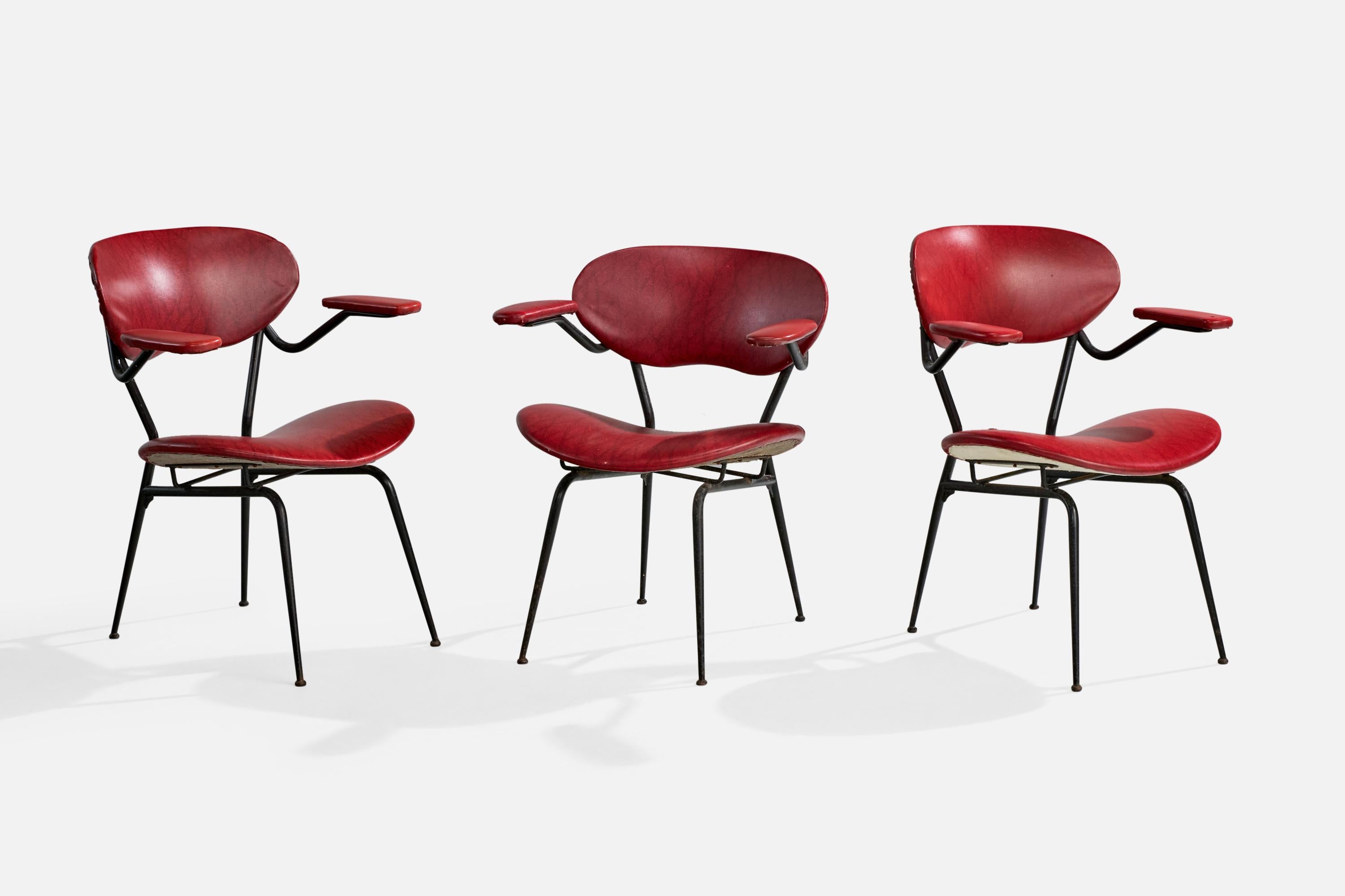 A set of three black-lacquered metal and red vinyl armchairs or side chairs designed and produced in Italy, c. 1960s.

Overall Dimensions (inches): 30.0