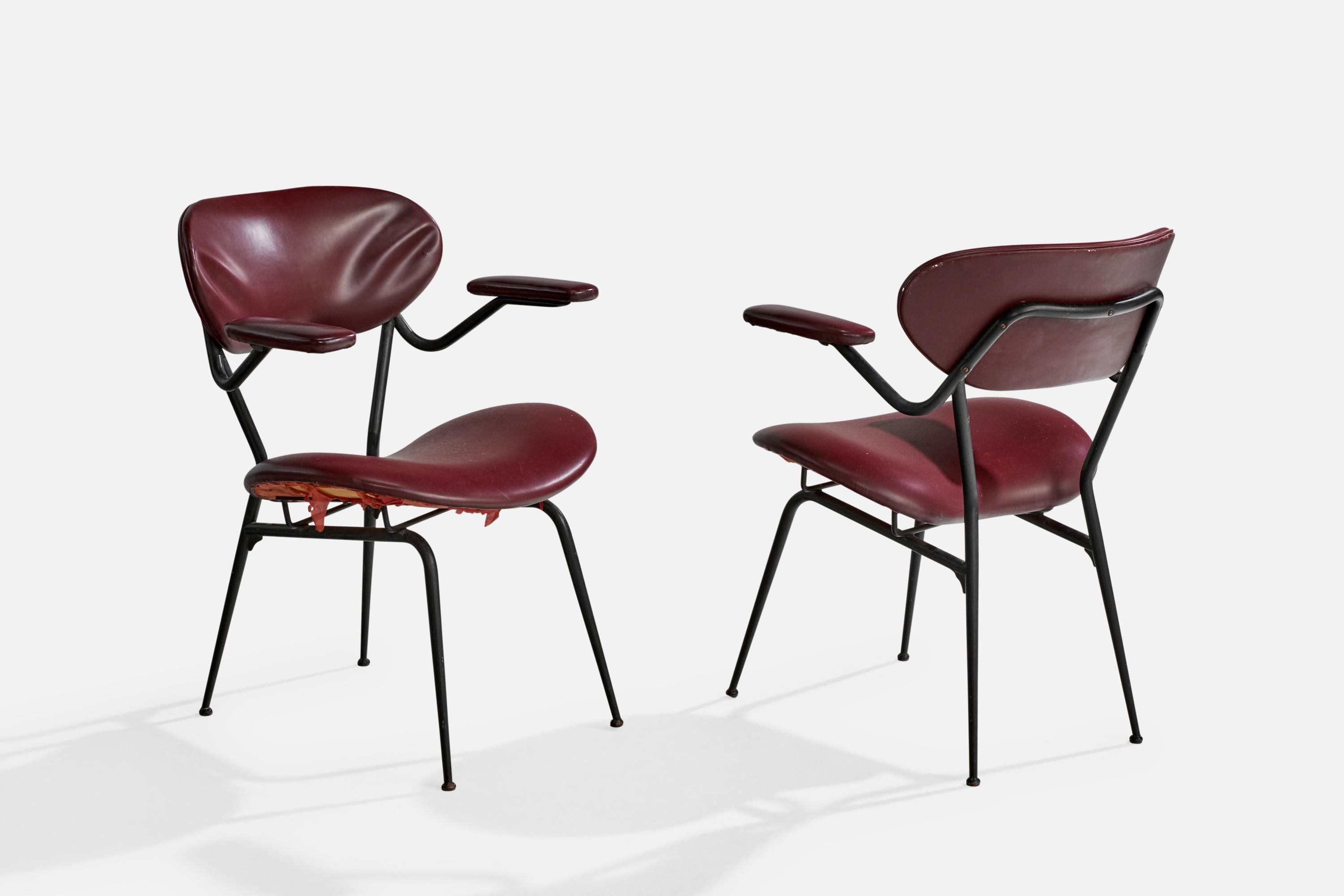 Mid-Century Modern Italian Designer, Armchairs, Metal, Vinyl, Italy, 1960s For Sale