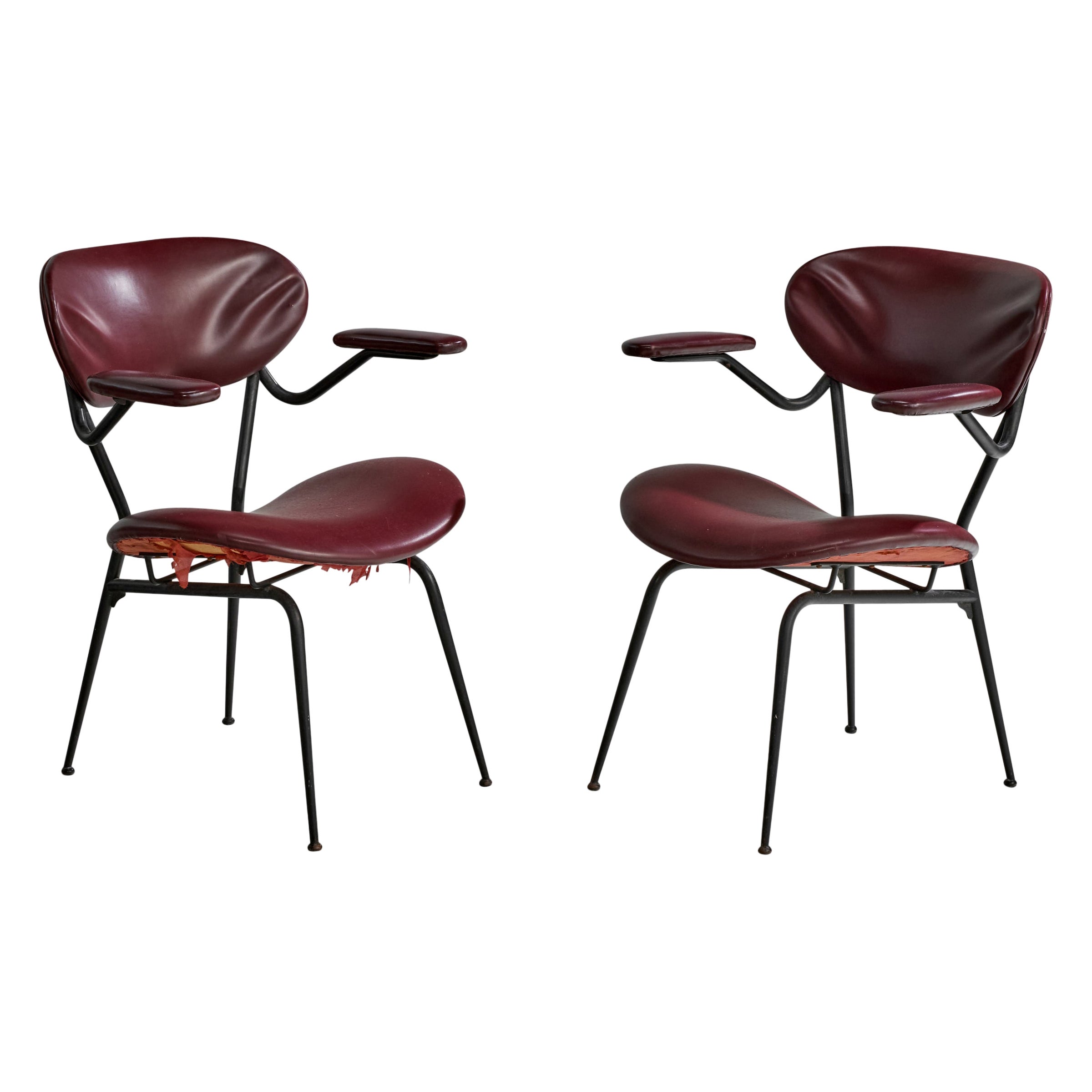 Italian Designer, Armchairs, Metal, Vinyl, Italy, 1960s