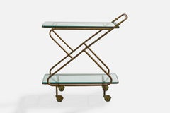 Italian Designer, Bar Cart, Brass, Glass, Wood, Italy, 1940s
