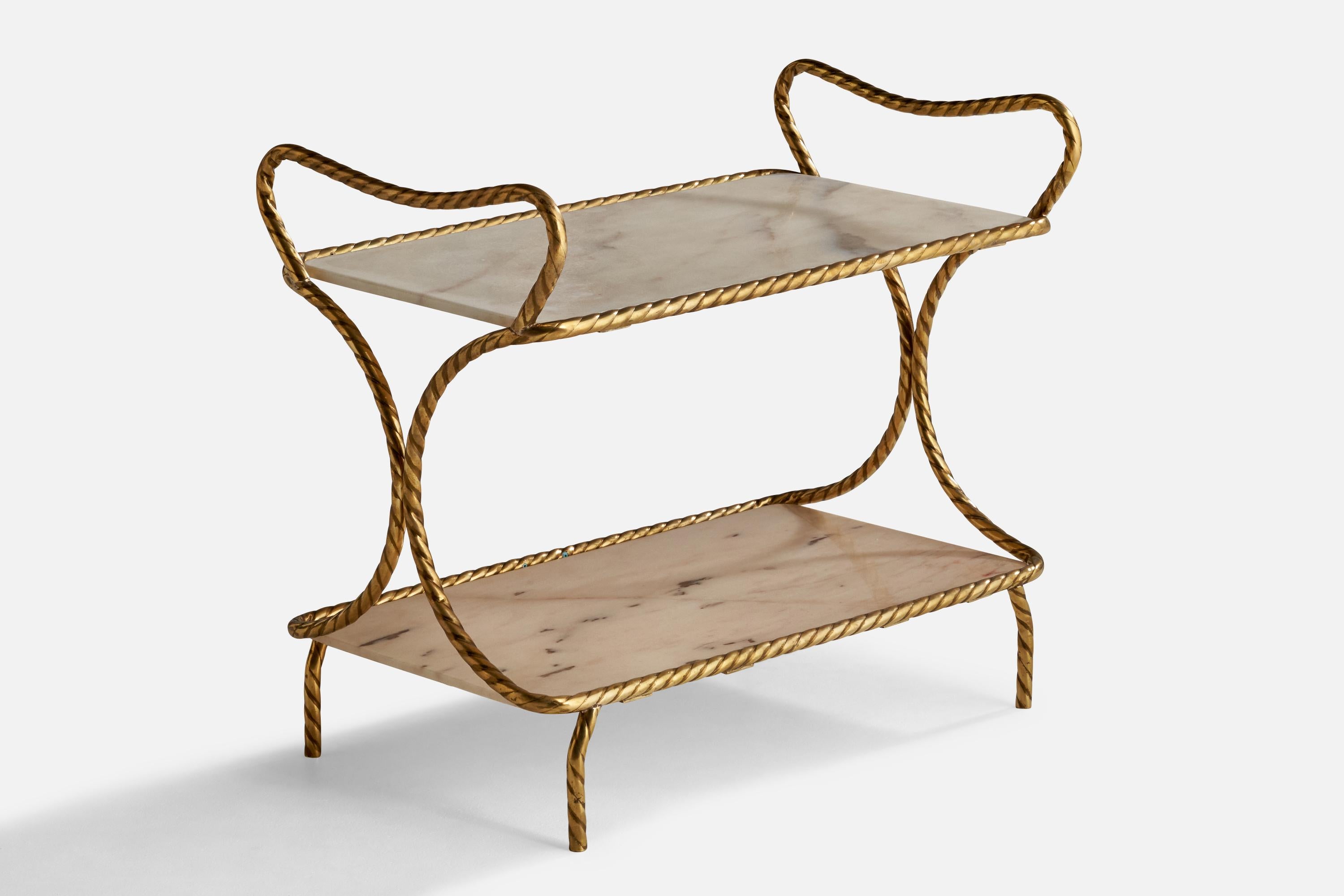 A stationary brass and marble bar cart designed and produced in Italy, 1940s.