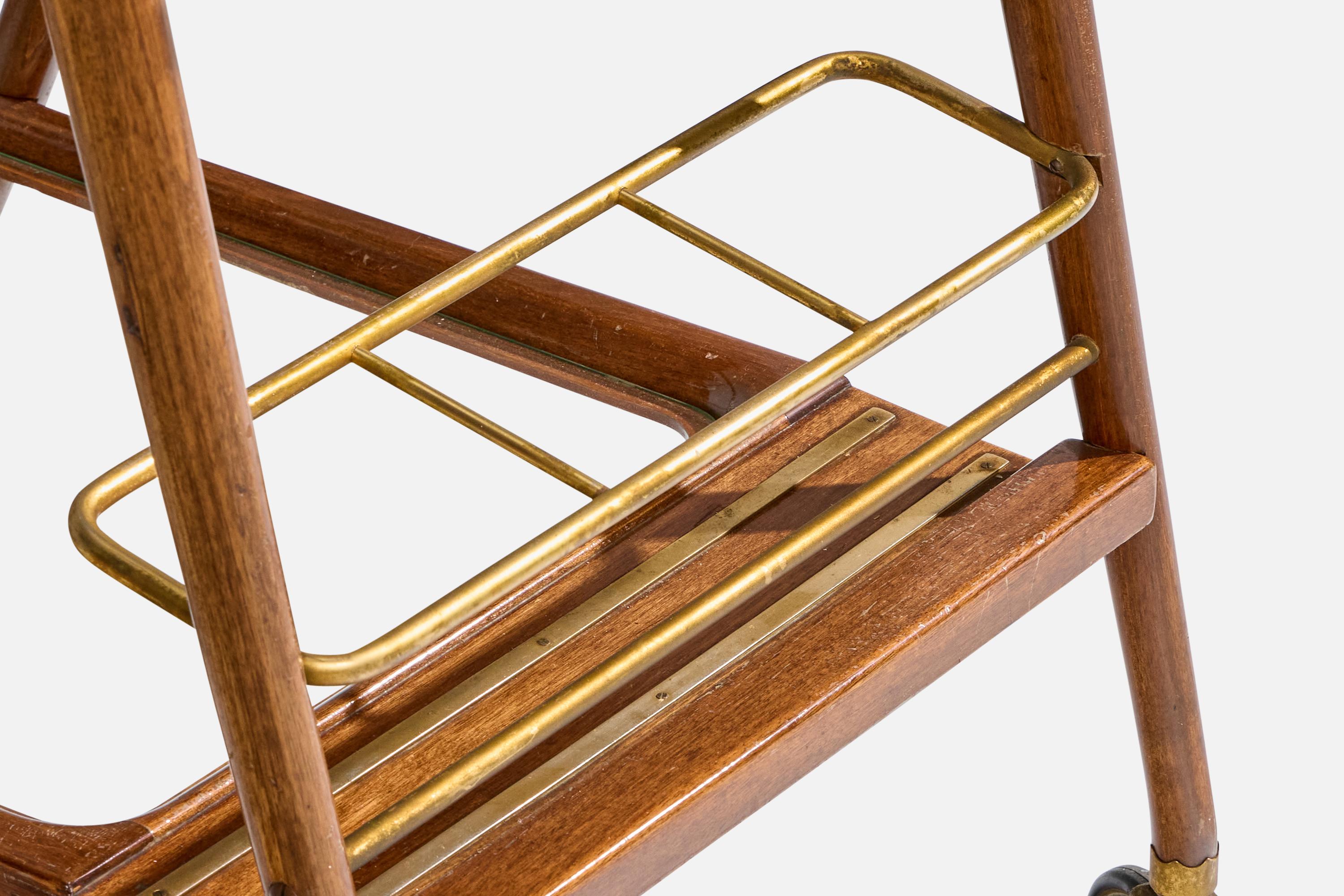 Diseñador italiano, Carrito de bar, Madera, Latón, Cristal, Italia, Años 50 en venta 4