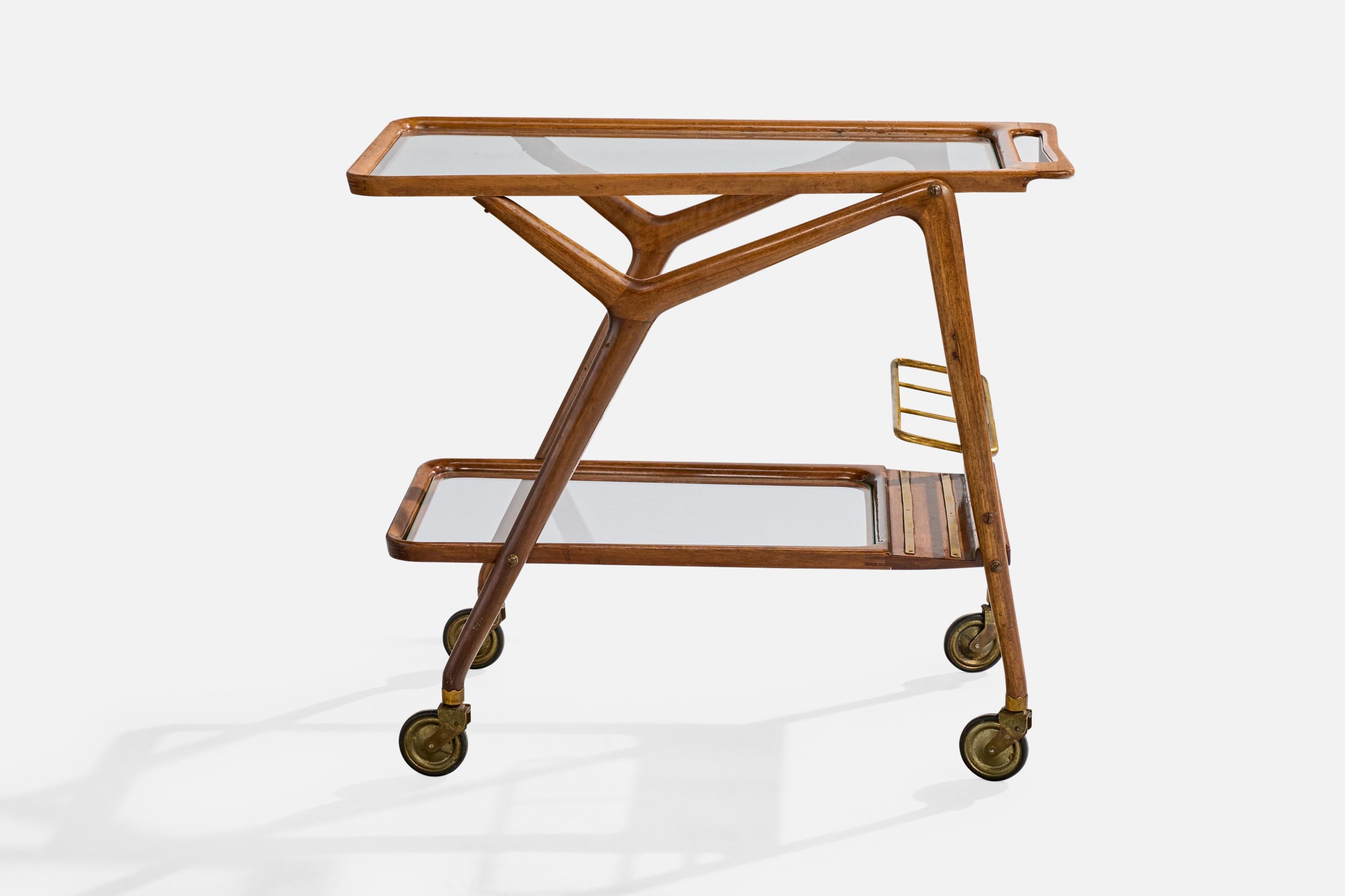 Diseñador italiano, Carrito de bar, Madera, Latón, Cristal, Italia, Años 50 Moderno de mediados de siglo en venta