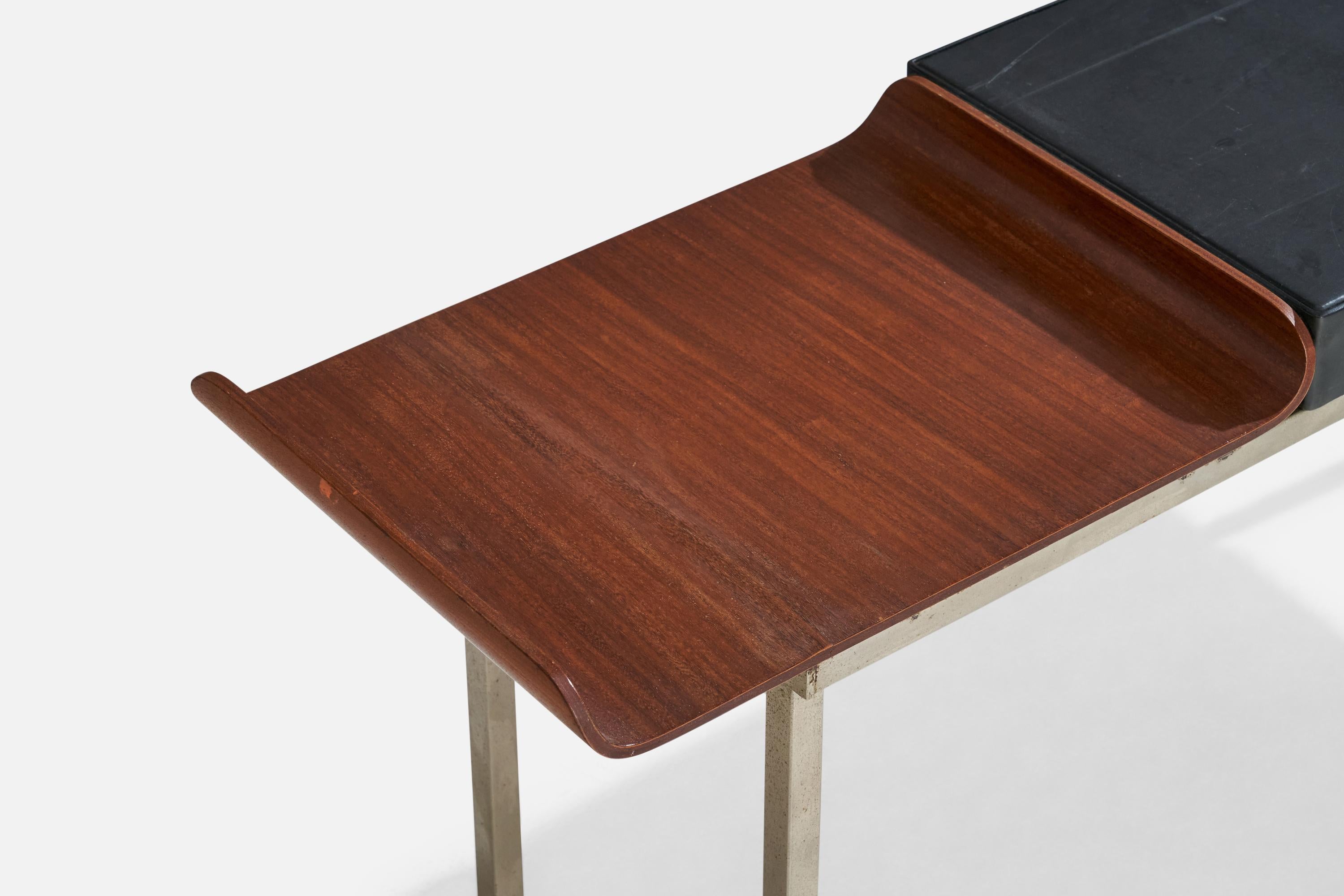 Acciaio Panchina di design italiano, acciaio, teak, vinile, Italia, anni '50 in vendita