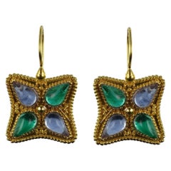 Italian Designer Blue and Green Crystals Vermeil Drop Earrings