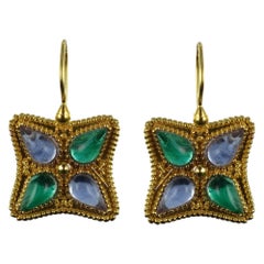 Italian Designer Blue and Green Crystals Vermeil Drop Earrings