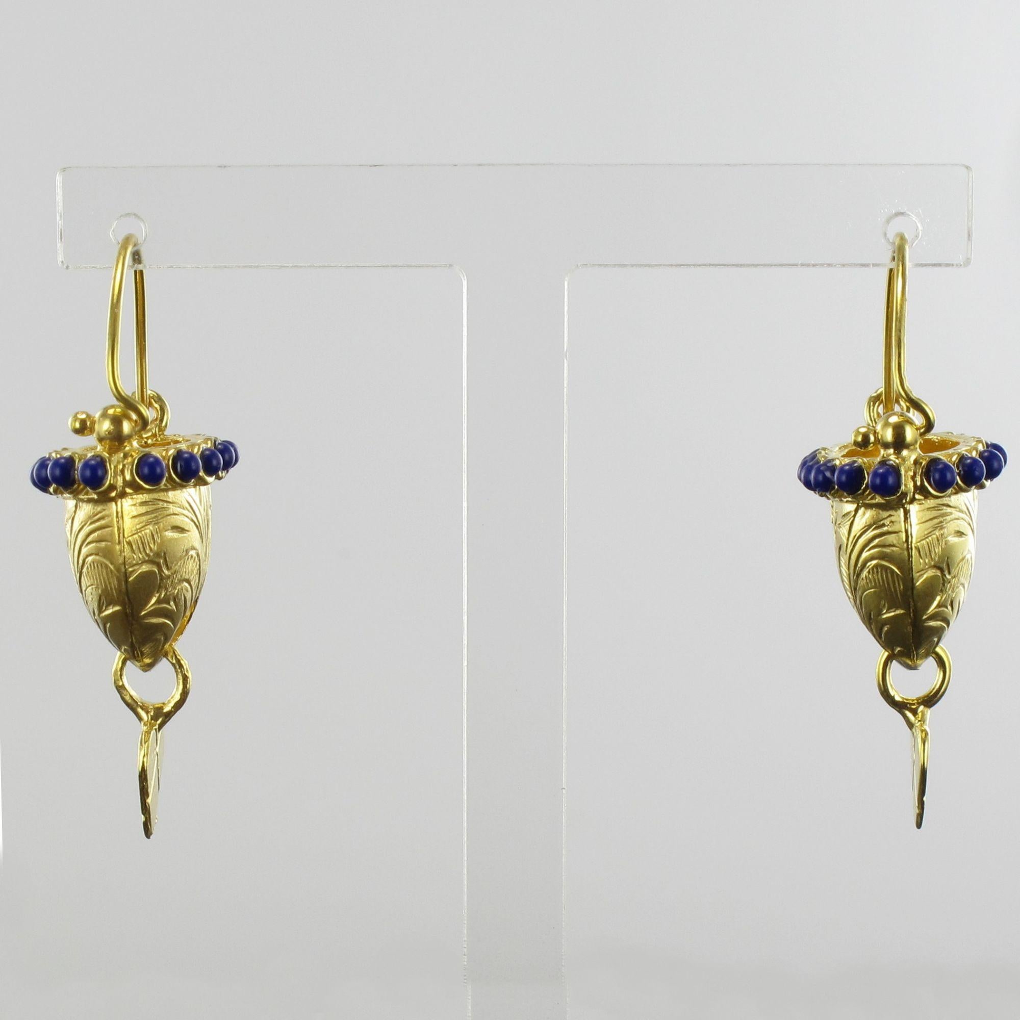 Italian Designer Blue Crystal Pearl Basket Vermeil Drop Earrings 1