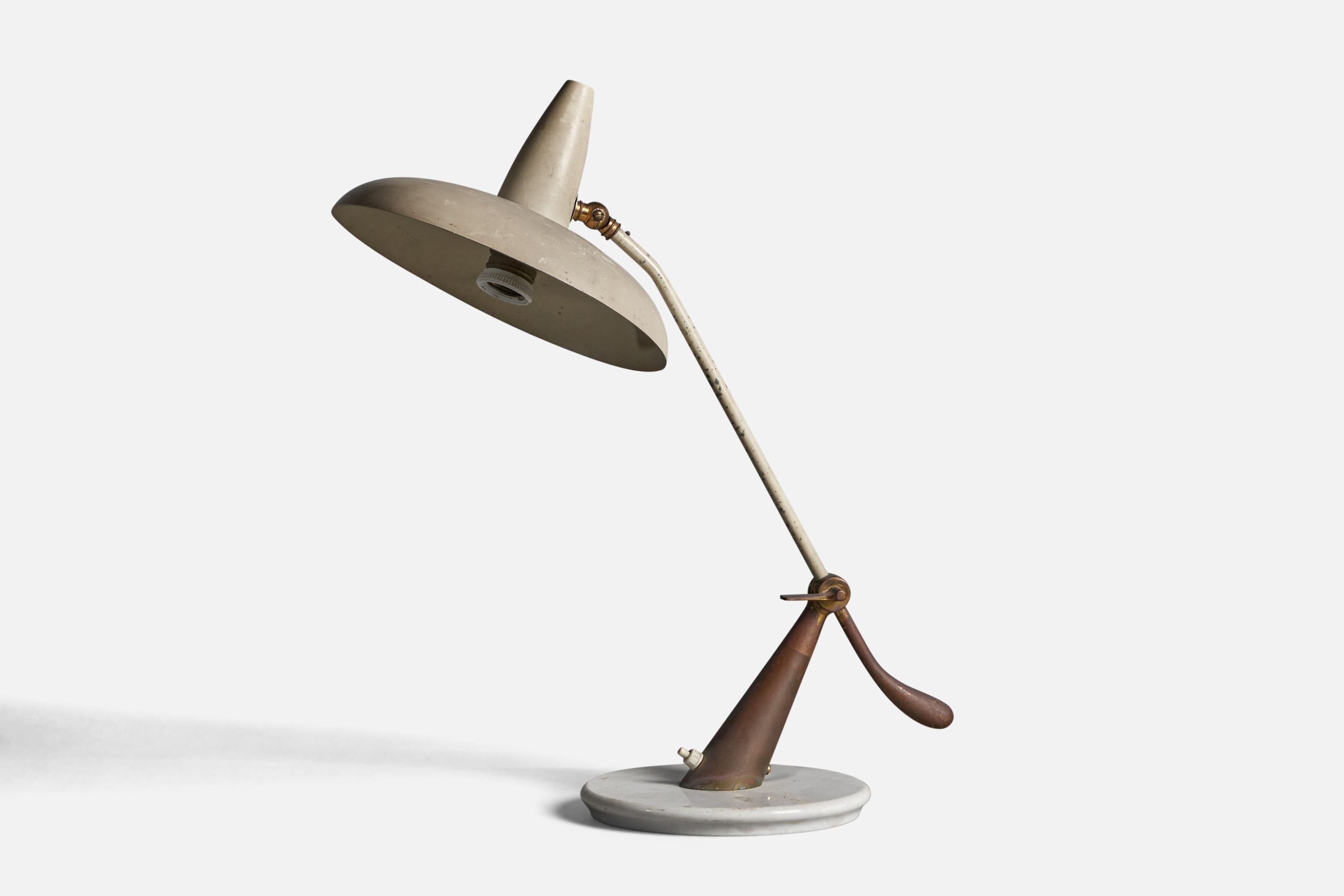 An adjustable brass, metal and marble table lamp, designed and produced in Italy, c. 1940s.

Overall Dimensions (inches): 20
