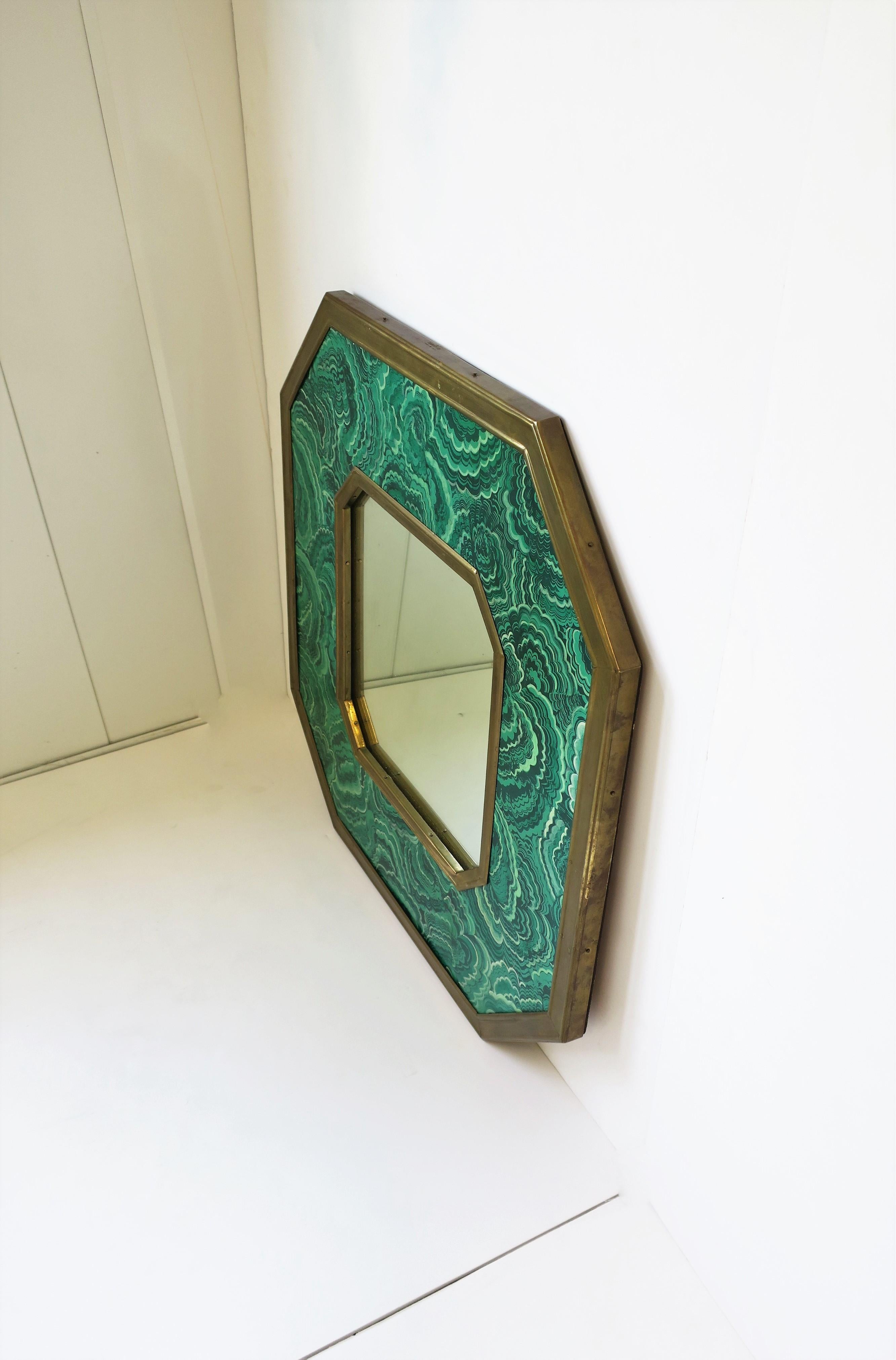 Modern Italian Green Malachite Resin & Brass Octagonal Wall Mirror Designer, 1970s