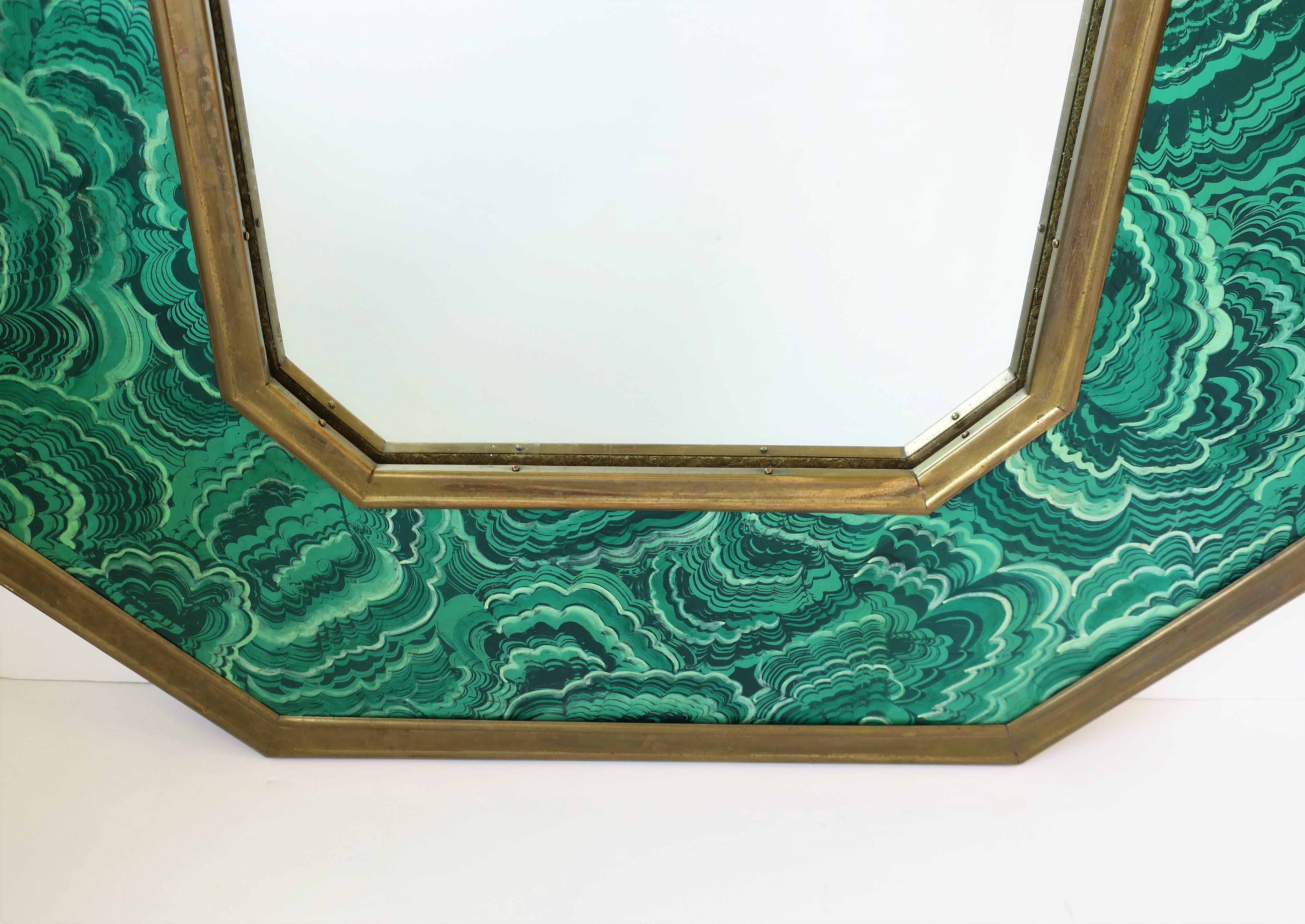 Late 20th Century Italian Green Malachite Resin & Brass Octagonal Wall Mirror Designer, 1970s