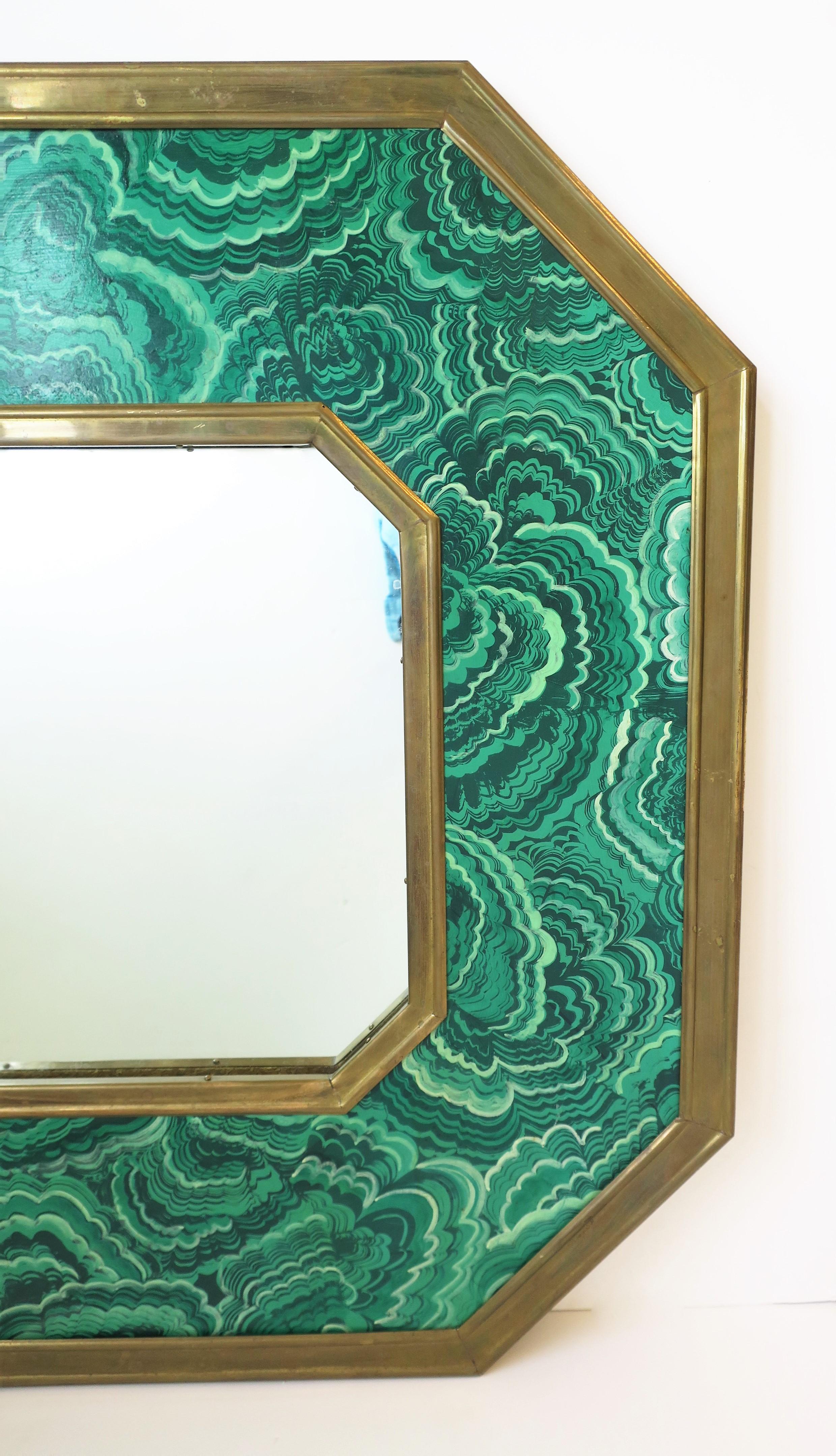 Italian Green Malachite Resin & Brass Octagonal Wall Mirror Designer, 1970s 1